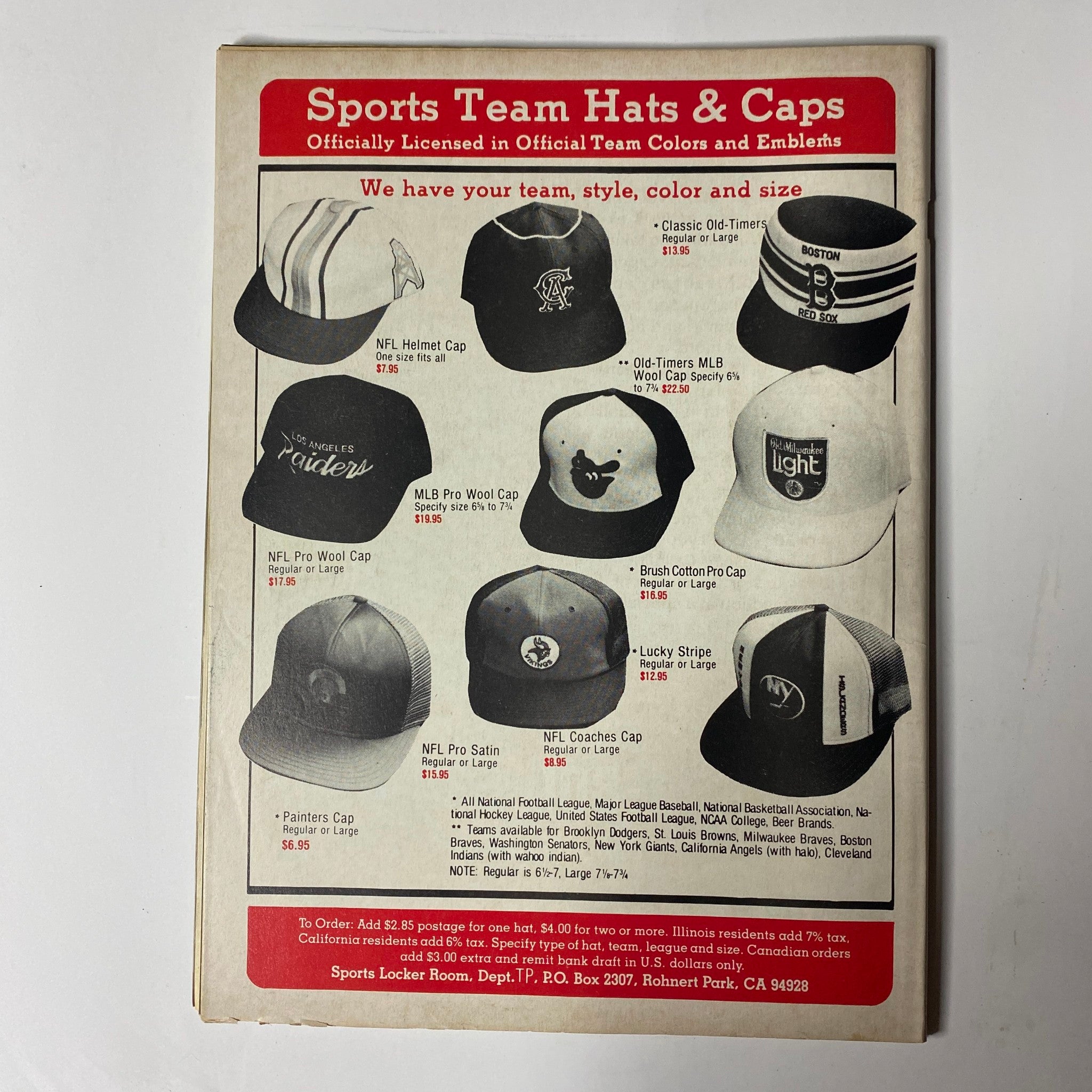 Back cover of Boxing Scene Magazine January 1991 featuring various Sports Team Hats and Caps available for order, showcasing officially licensed team colors and emblems.