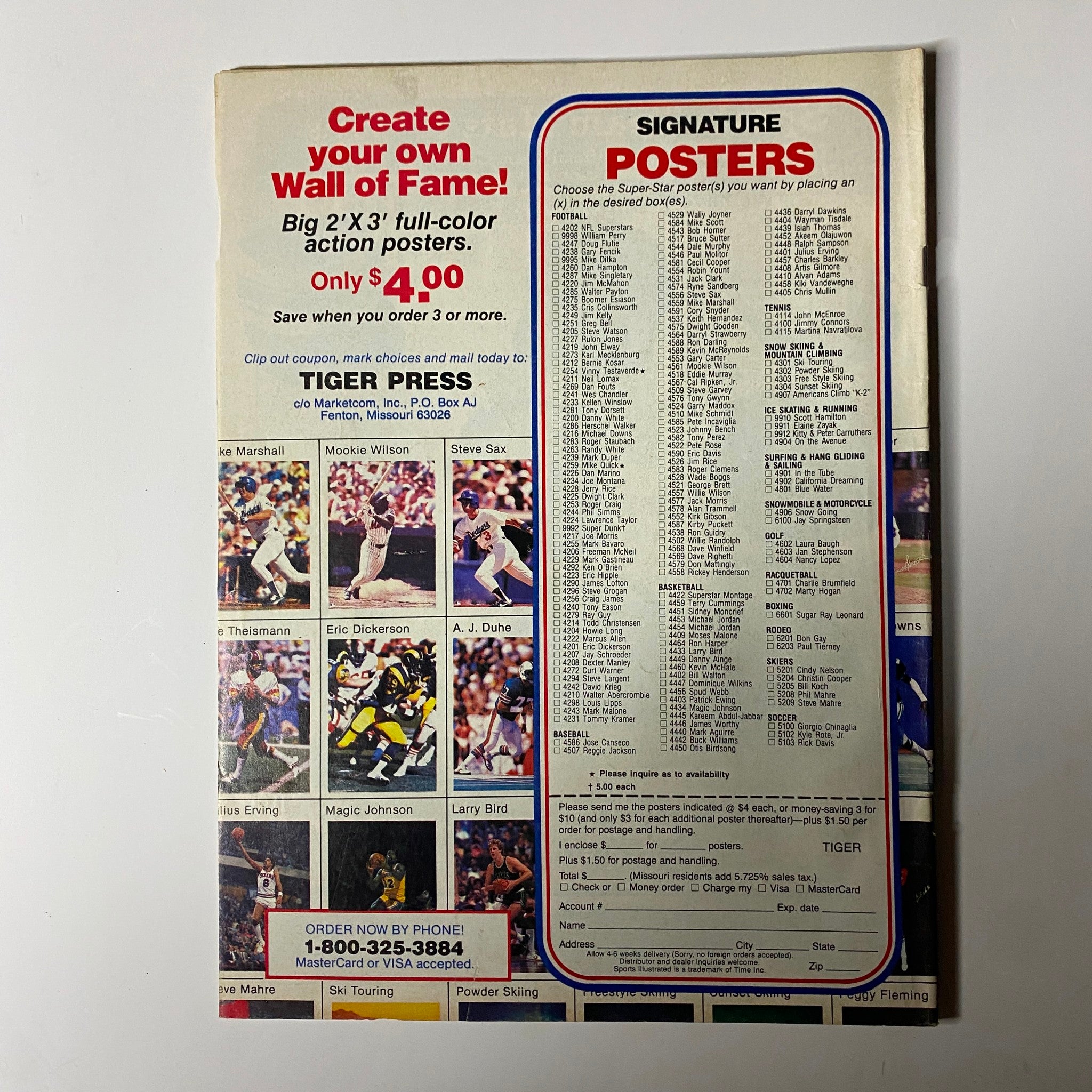 Back cover of Boxing Scene Magazine May 1988, featuring a promotional advertisement and signature poster options, with a contact number for orders.