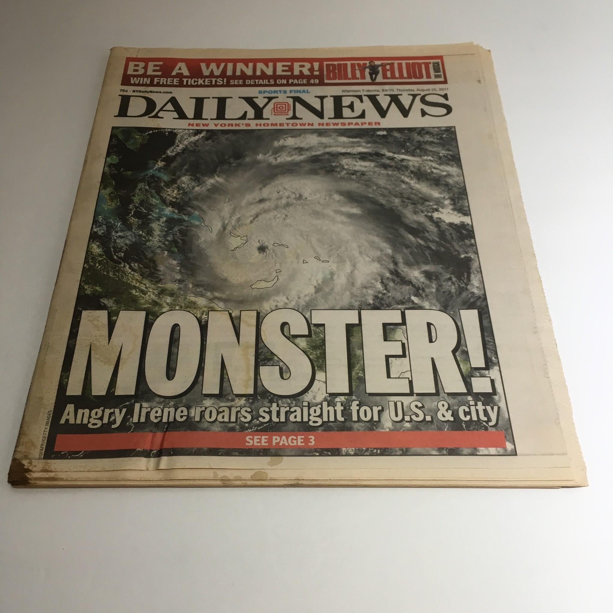 New York Daily News:8/25/11, Monster! Angry Irene Roars Straight for U.S & City