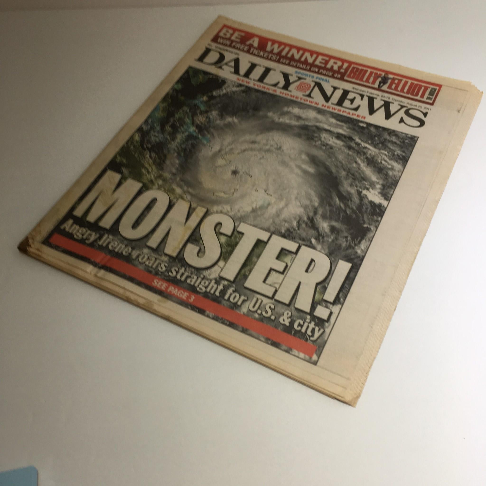 New York Daily News:8/25/11, Monster! Angry Irene Roars Straight for U.S & City