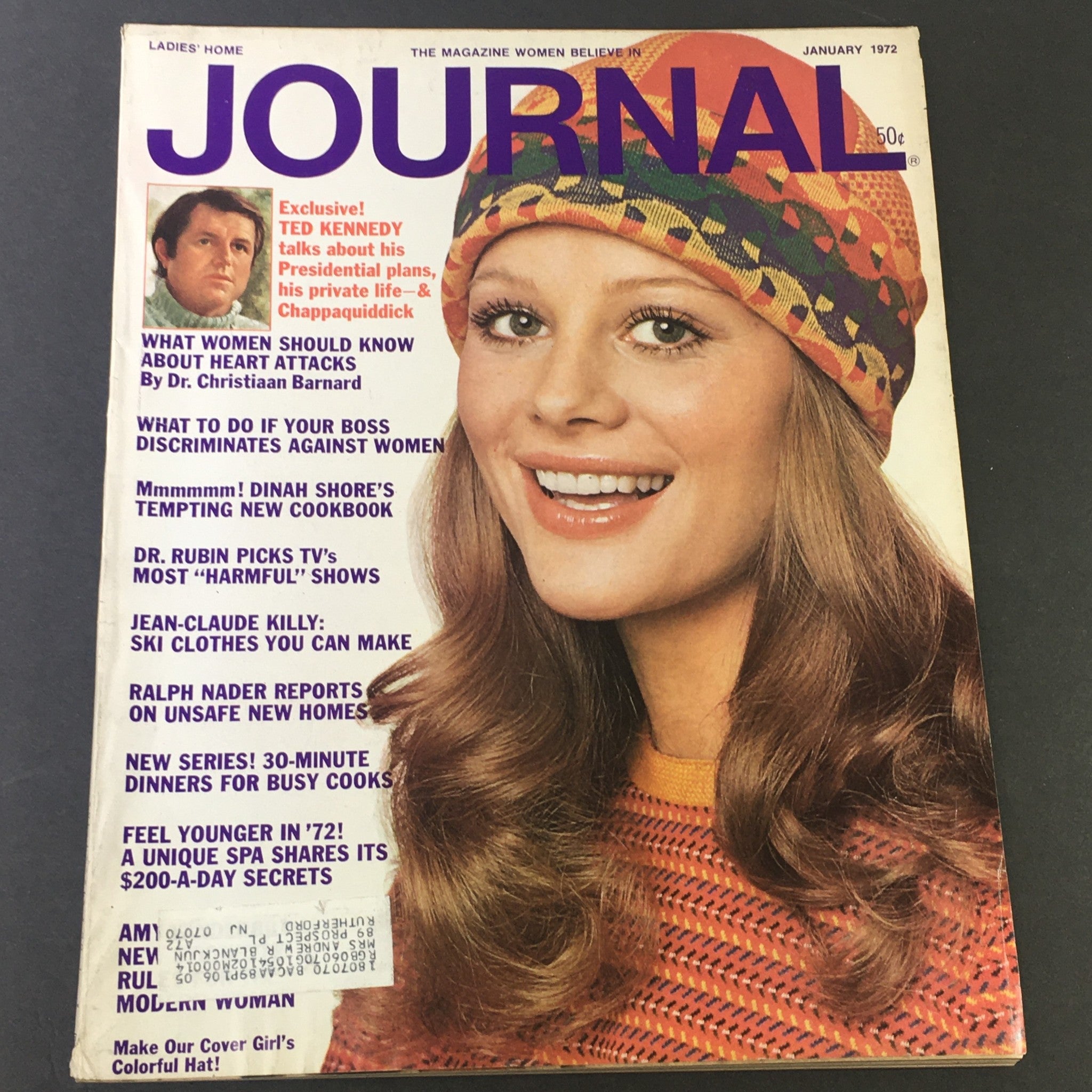 VTG Journal Magazine January 1972 featuring a smiling model on the cover wearing a colorful hat, showcasing articles on Ted Kennedy, Dr. Christiaan Barnard, and women's health. This vintage magazine reflects the cultural insights of the early 1970s.