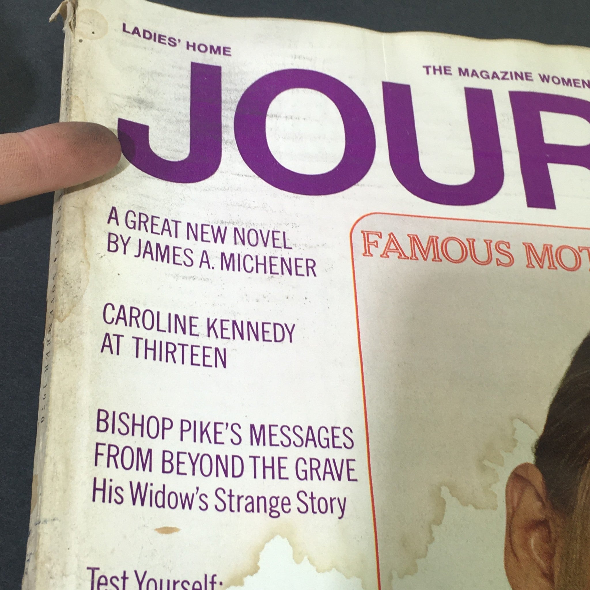 Close-up view of the VTG Journal Magazine November 1970 cover, detailing articles including a novel by James Michener and Caroline Kennedy's feature.