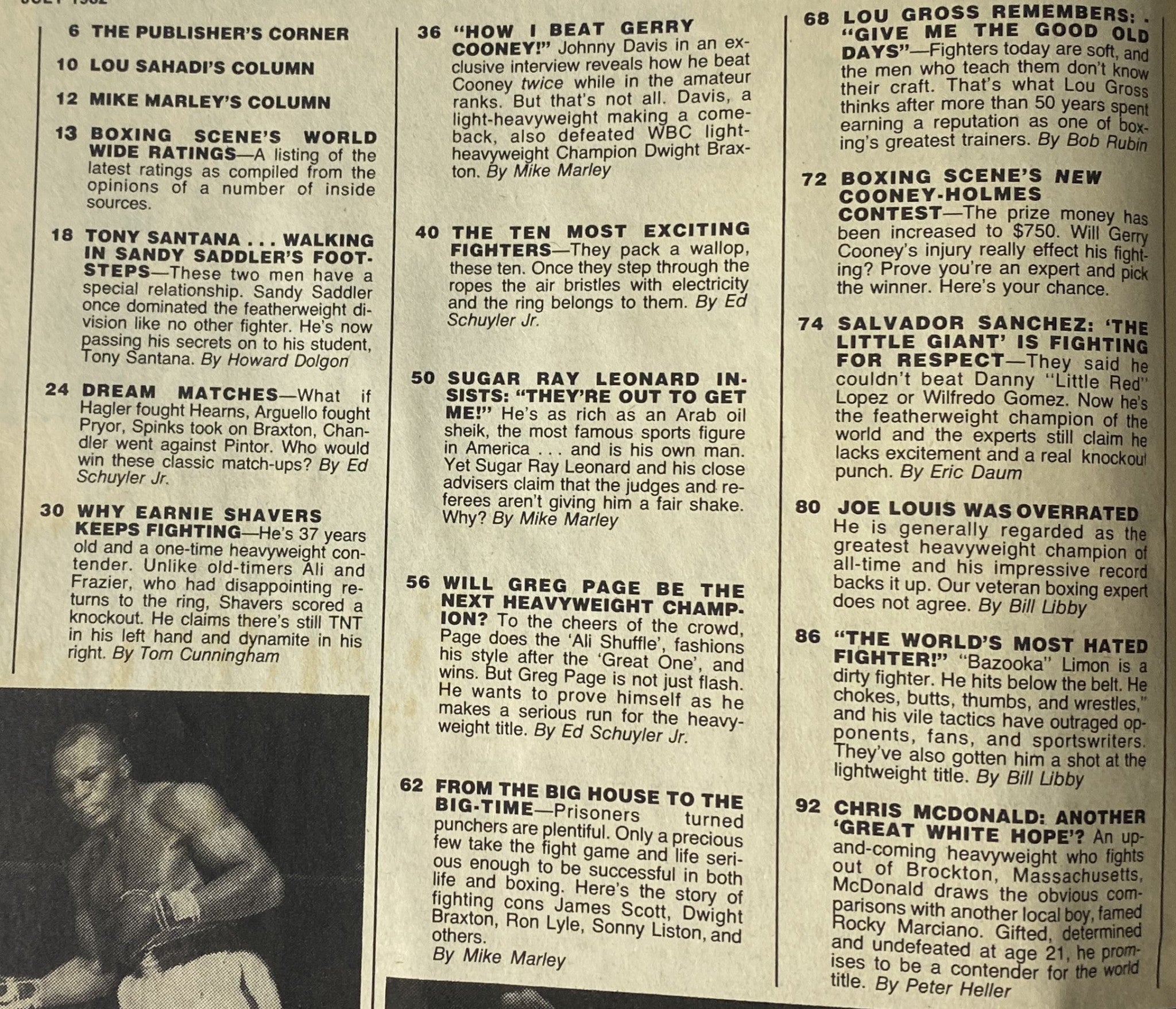 Inside page of Boxing Scene Magazine July 1982, showcasing article headings and content including Sugar Ray Leonard, dream matches, and notable figures in boxing history.