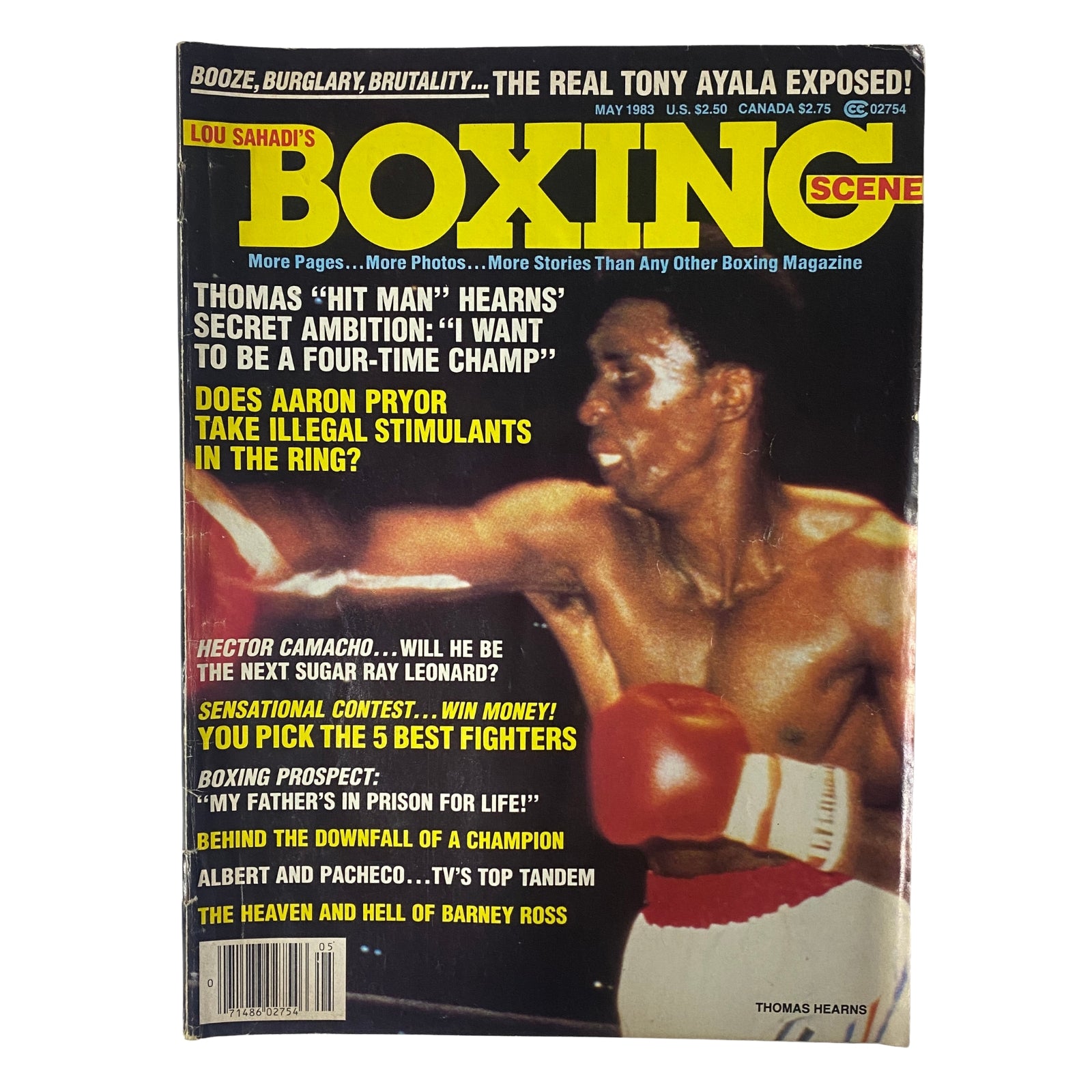 Boxing Scene Magazine May 1983 featuring Thomas 'Hit Man' Hearns on the cover, showcasing highlights and features in boxing from the early 1980s.