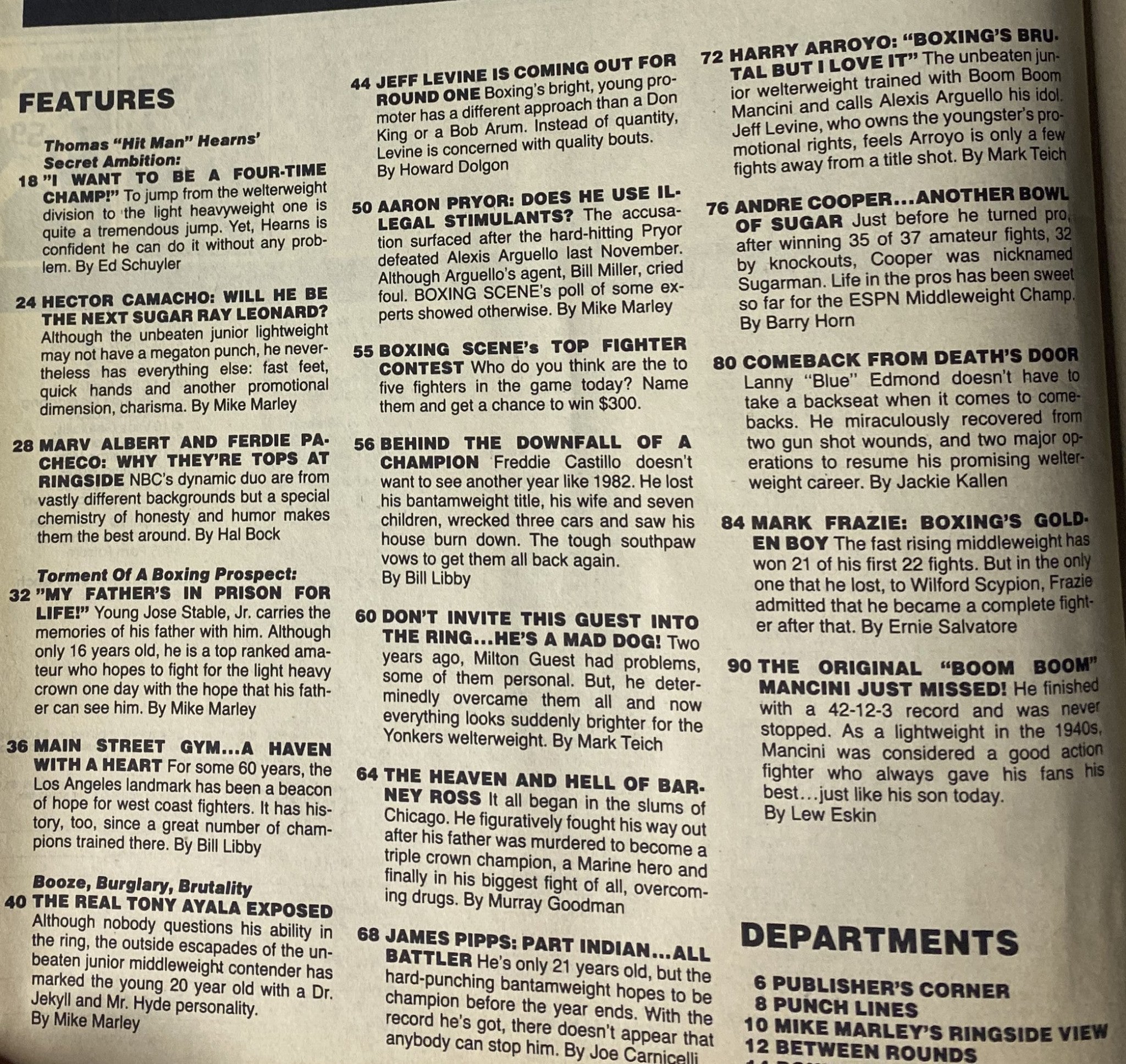 Inside page of Boxing Scene Magazine May 1983 detailing features and articles, including Thomas Hearns and other boxing personalities.