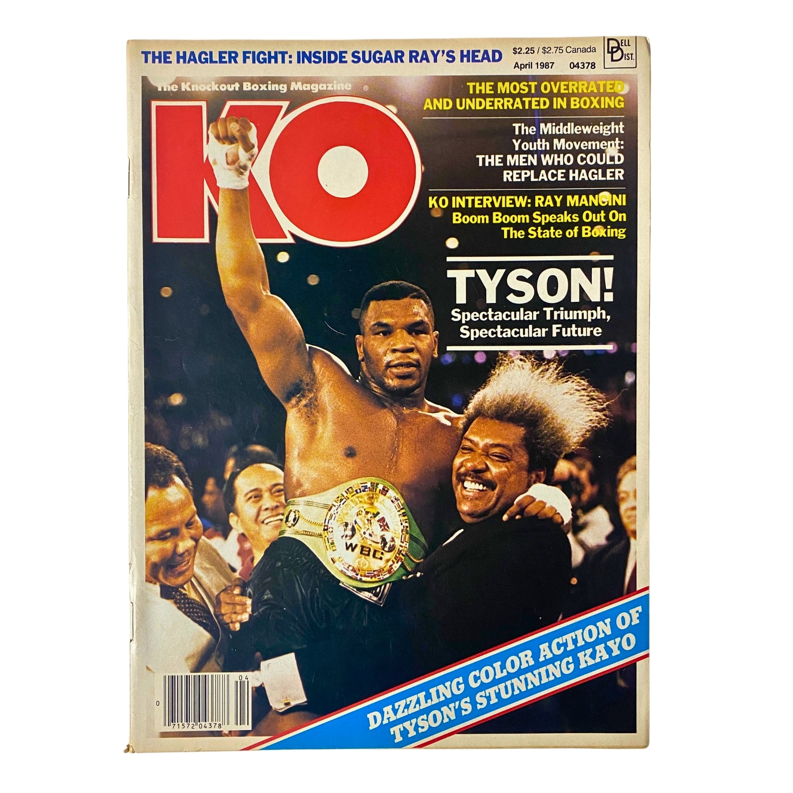 KO Boxing Magazine April 1987 featuring Mike Tyson on the cover, showcasing his triumphs, with headlines about his spectacular future and a KO interview with Ray Mancini.