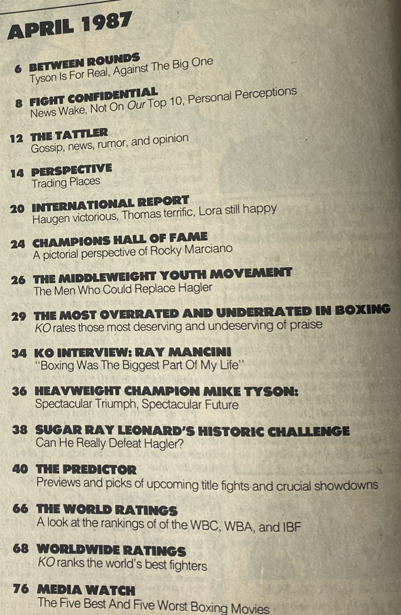 Table of contents page from KO Boxing Magazine April 1987, highlighting articles like 'Tyson Is For Real,' 'The Most Overrated and Underrated in Boxing,' and features on Sugar Ray Leonard.