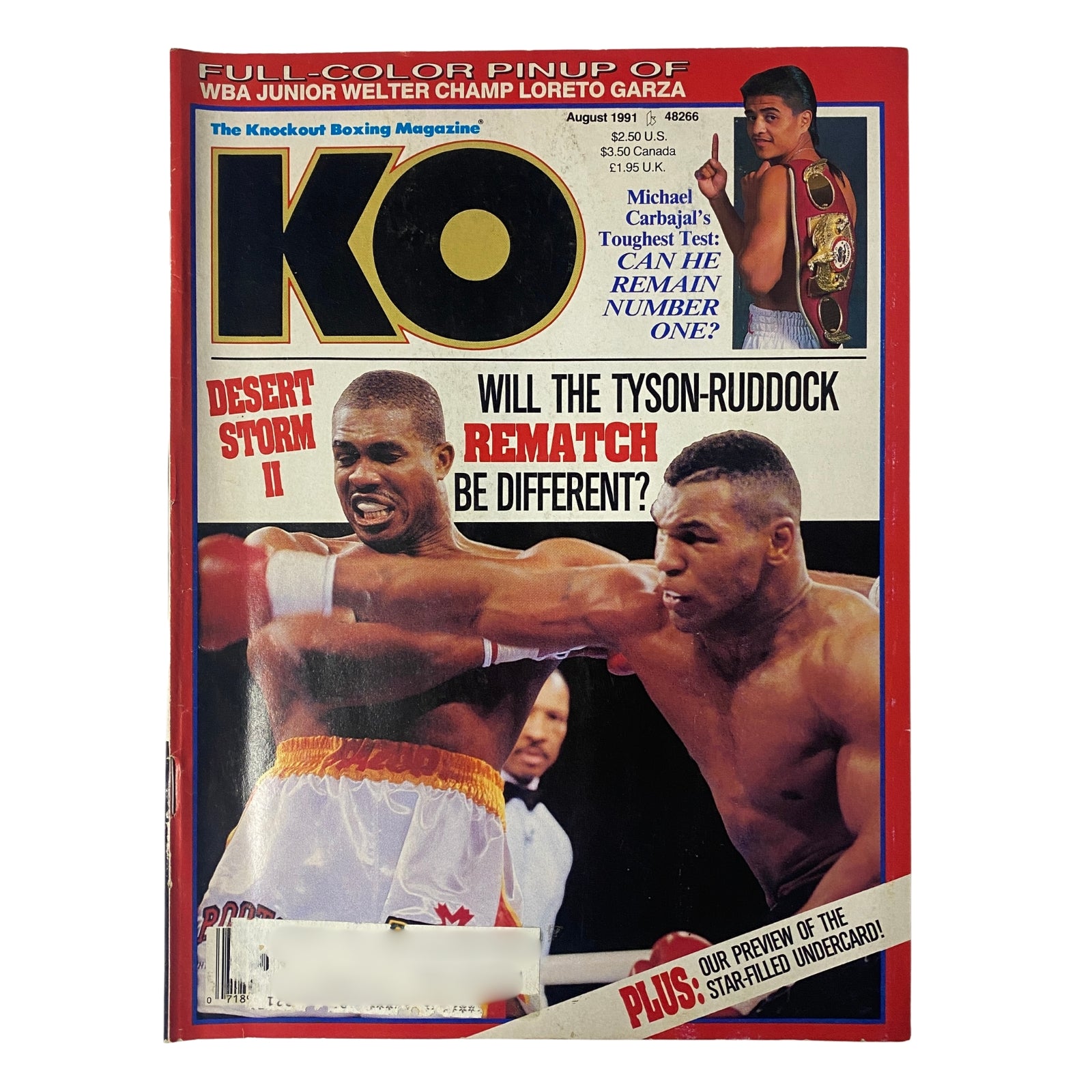 Cover of KO Boxing Magazine from August 1991 featuring Mike Tyson vs. Donovan Ruddock. This issue highlights their rematch and includes articles on boxing events, interviews, and classic retrospectives.