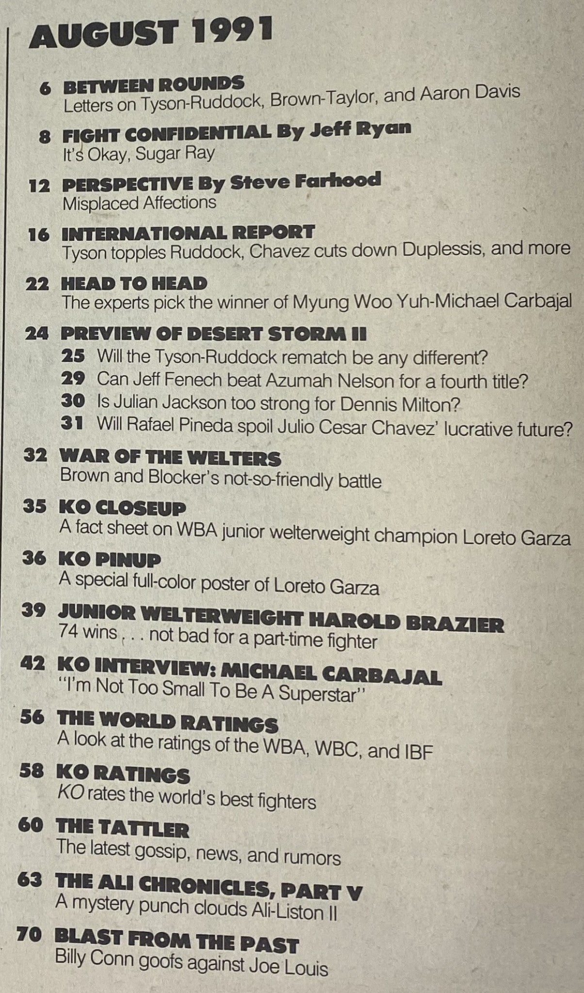Table of contents from KO Boxing Magazine August 1991, highlighting features including Mike Tyson vs. Donovan Ruddock, interviews, international reports, and a detailed preview of Desert Storm II.