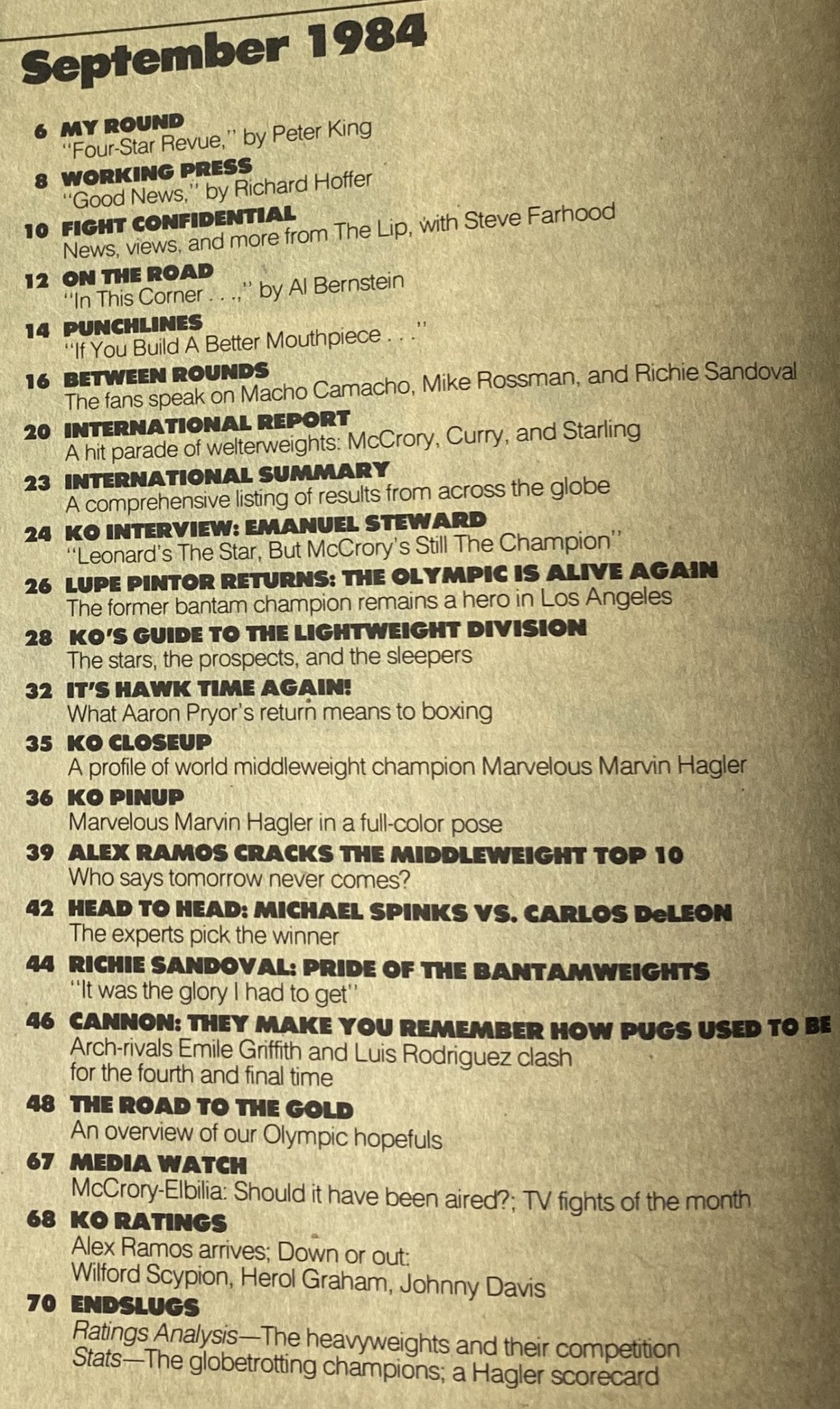 Table of contents for KO Boxing Magazine, September 1984, listing features including articles by Peter King and Al Bernstein, alongside highlights about major boxers of the era.