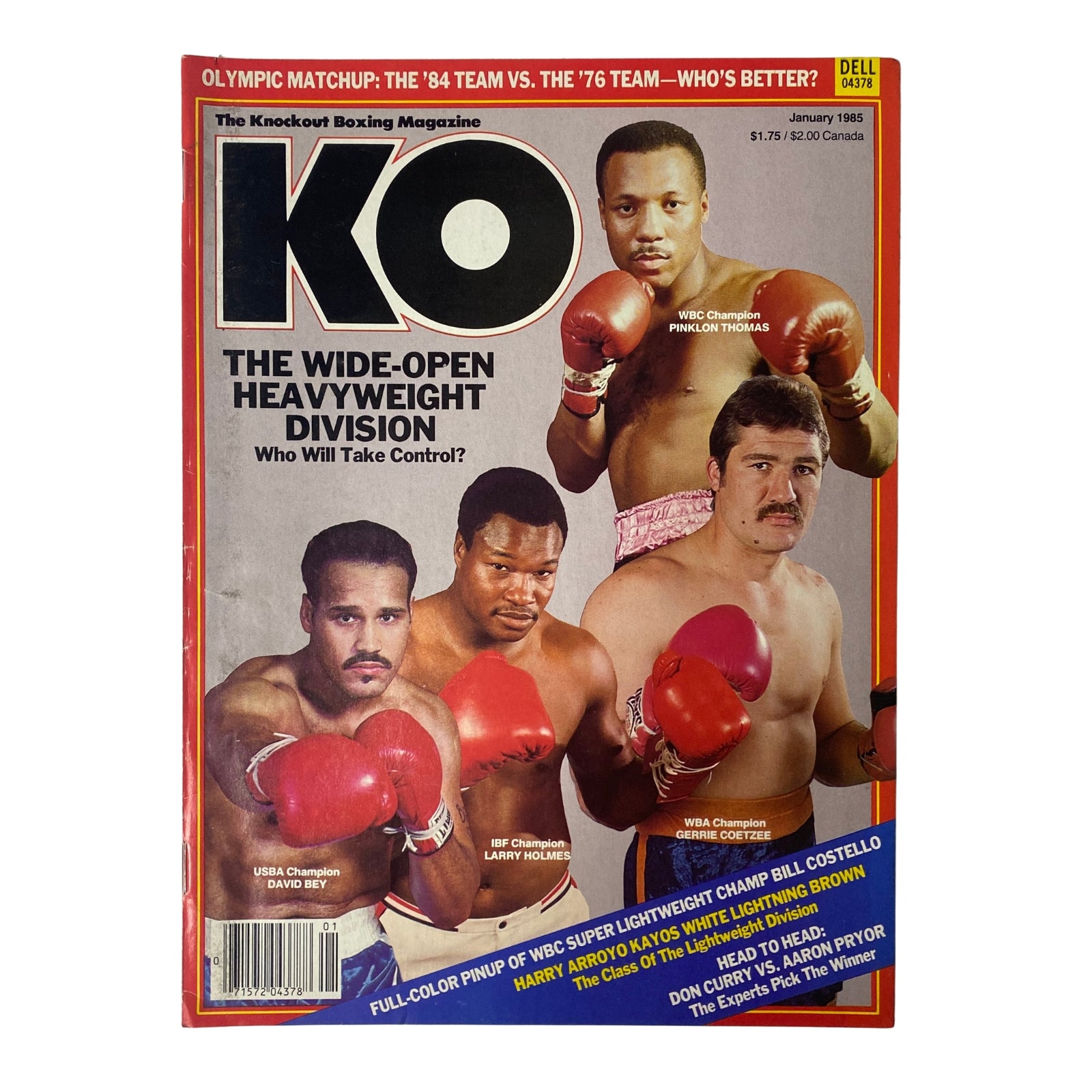 KO Boxing Magazine January 1985 featuring David Bey and Larry Holmes on the cover; highlights the wide-open heavyweight division in boxing.