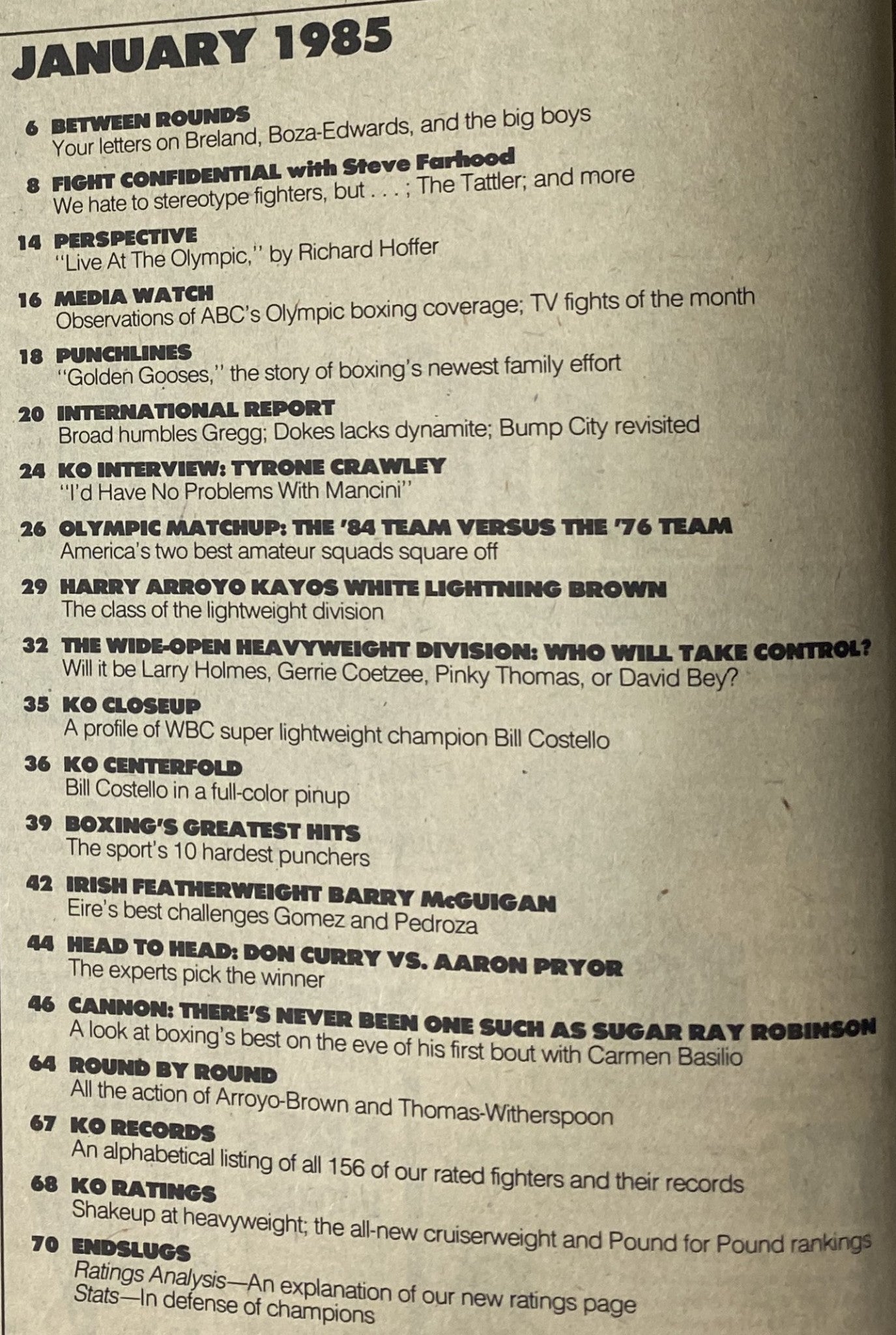 Contents page of KO Boxing Magazine January 1985 includes notable sections like Olympic Matchup, Fight Confidential, and interviews with prominent boxers.