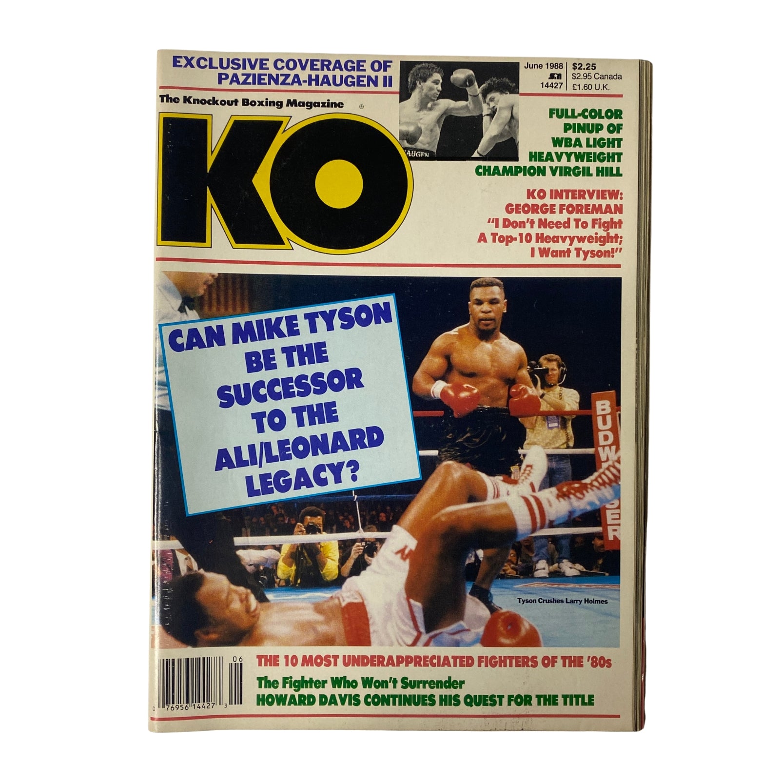 KO Boxing Magazine June 1988 featuring Mike Tyson and Larry Holmes on the cover. Highlights the magazine's exclusive features and commentary from a pivotal time in boxing history.