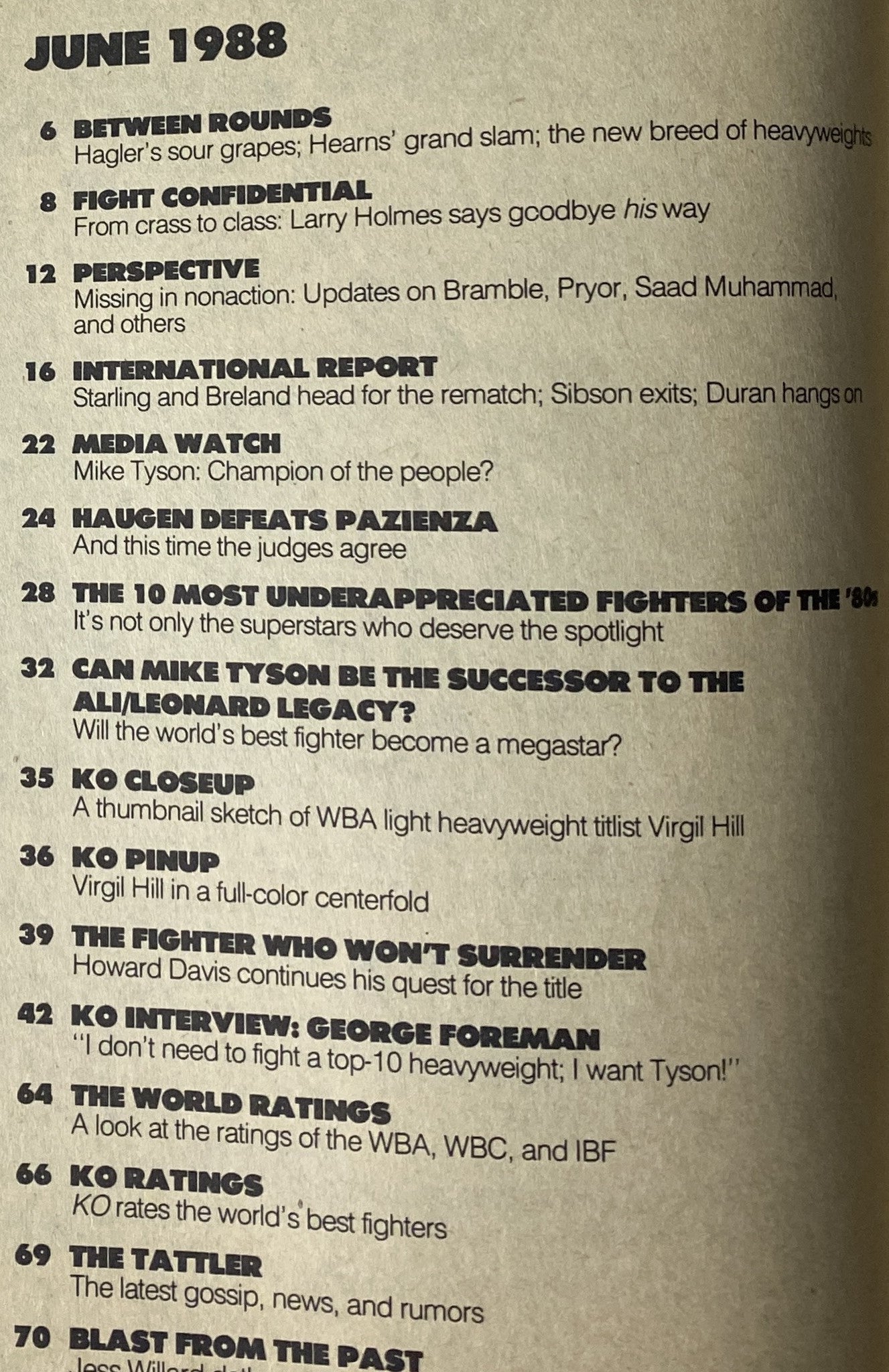 Inside page from KO Boxing Magazine June 1988 showcasing article titles including ‘Between Rounds,’ ‘Fight Confidential,’ and features on Mike Tyson and other boxing legends.