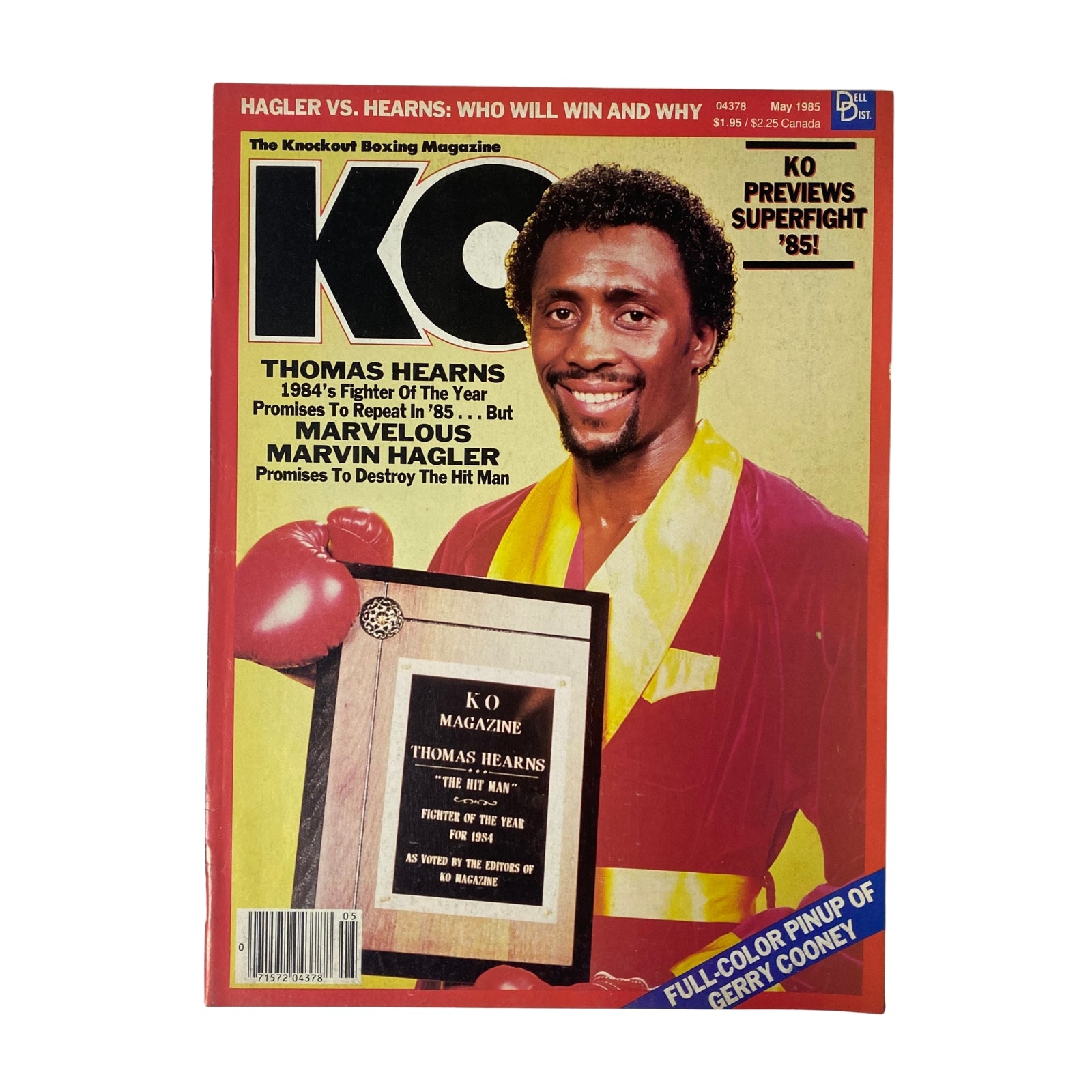 KO Boxing Magazine May 1985 featuring Thomas Hearns on the cover, celebrating his title as Fighter of the Year alongside a recognition award, in very good condition with no label.