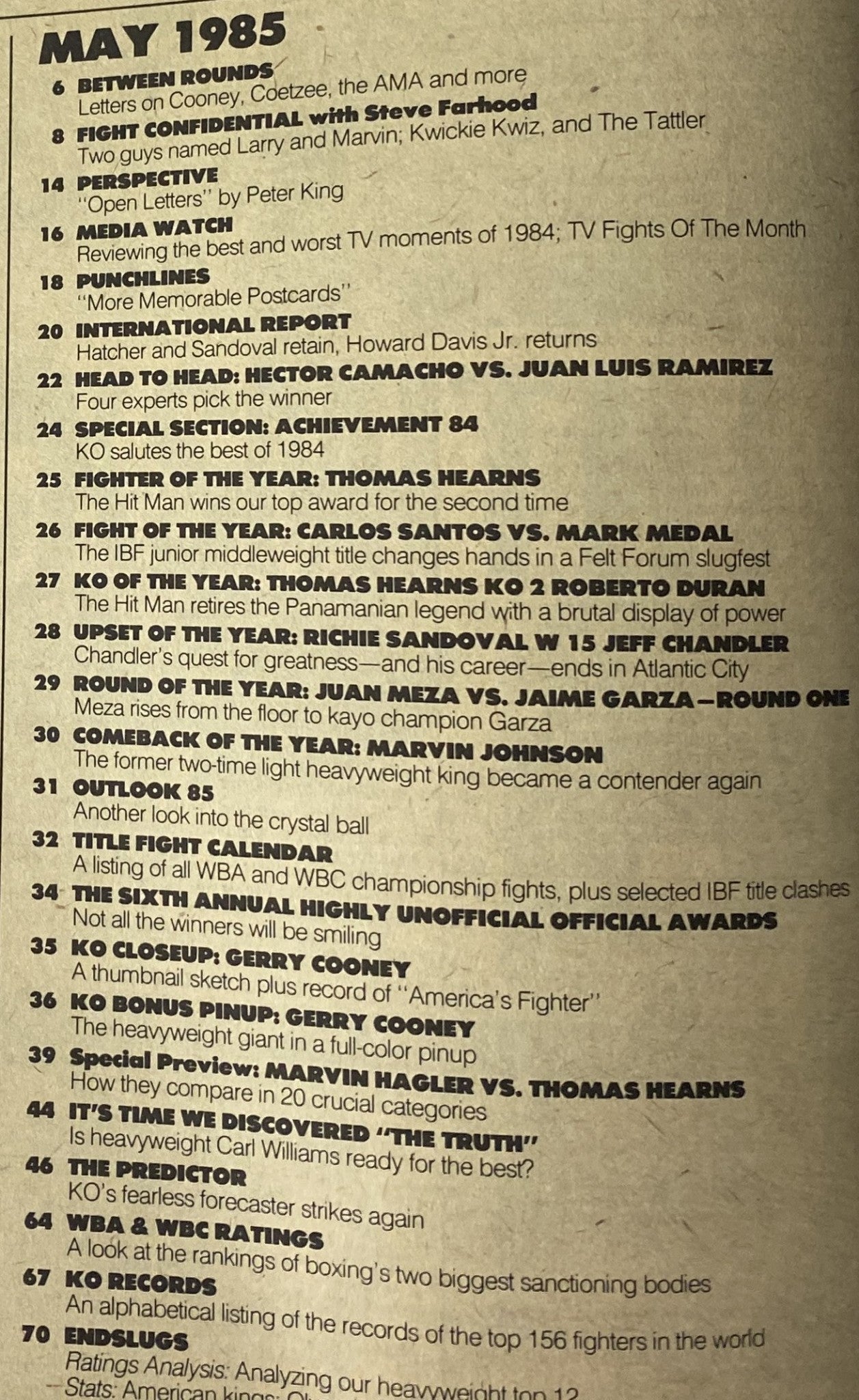 Table of contents for KO Boxing Magazine May 1985 featuring notable sections such as Fight Confidential, viewer insights, and highlights from Thomas Hearns' victory, encapsulating pivotal moments in boxing.