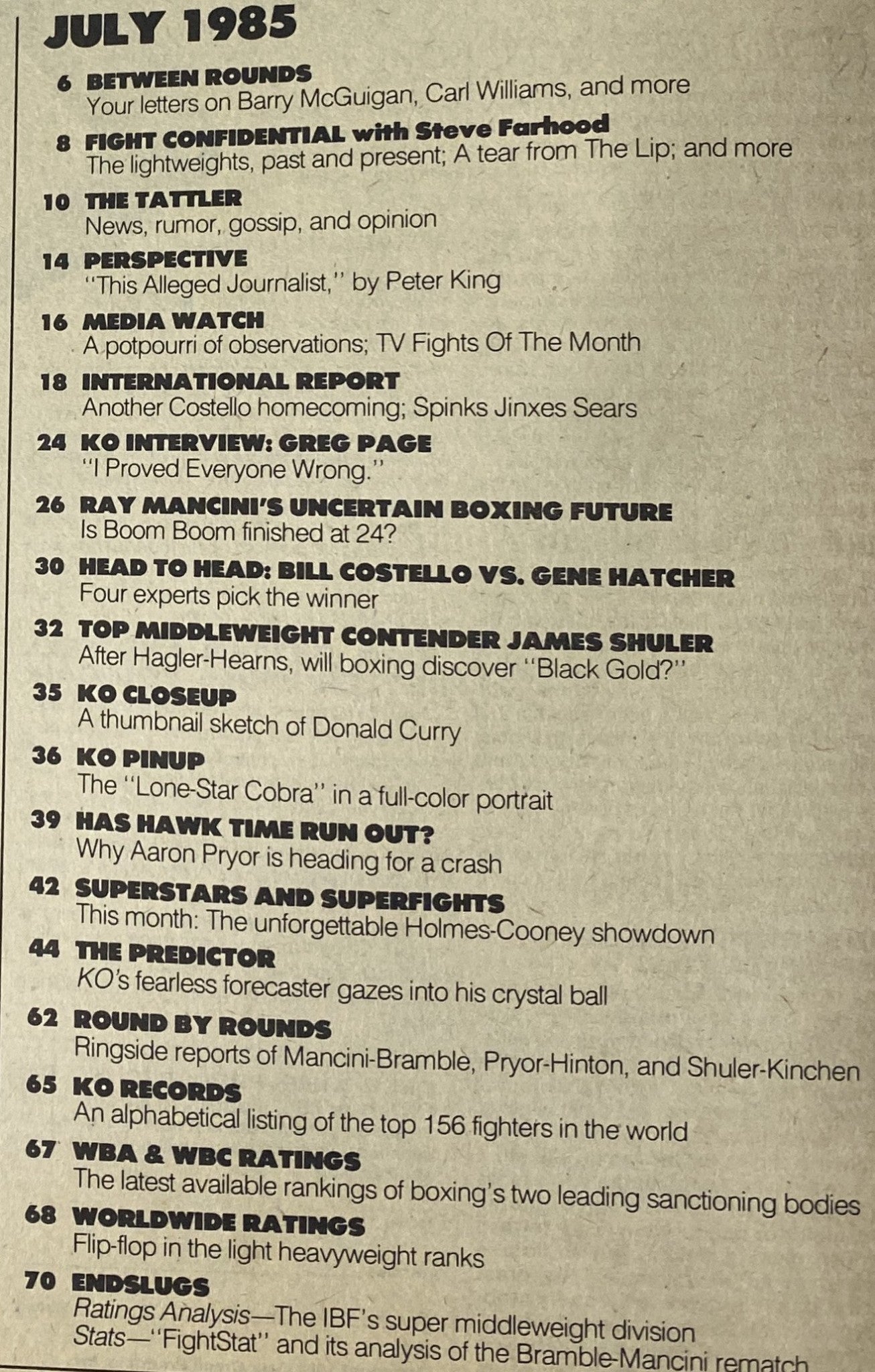 Table of contents page from KO Boxing Magazine July 1985 detailing features such as 'Between Rounds', 'Fight Confidential', and profiles of notable boxers including Greg Page and Donald Curry.