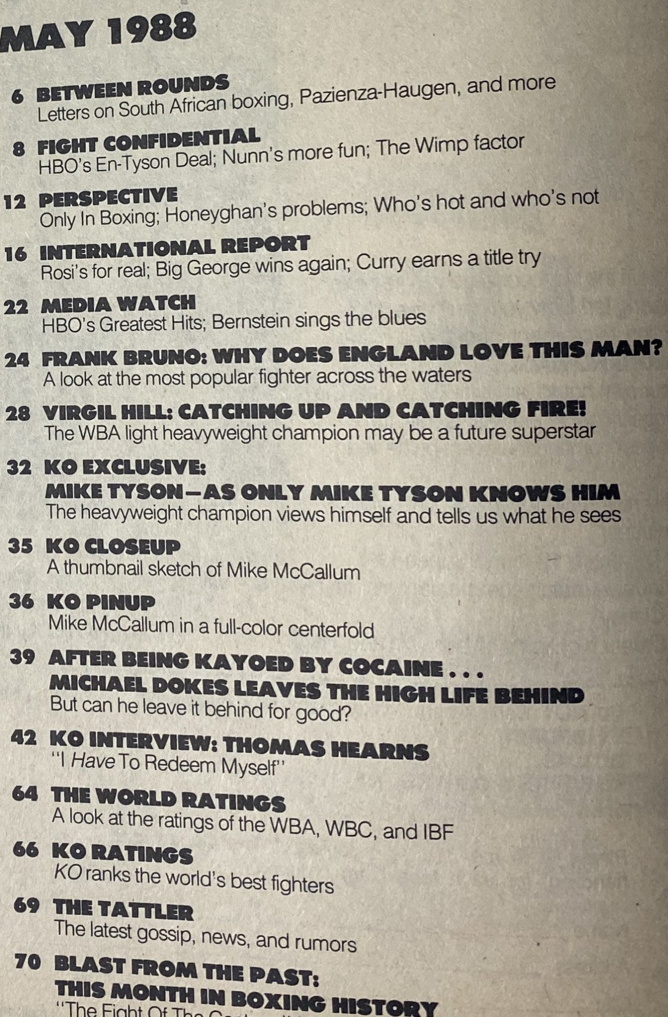 Contents page of KO Boxing Magazine May 1988, detailing articles including Mike Tyson exclusive, fighter profiles, and boxing news.