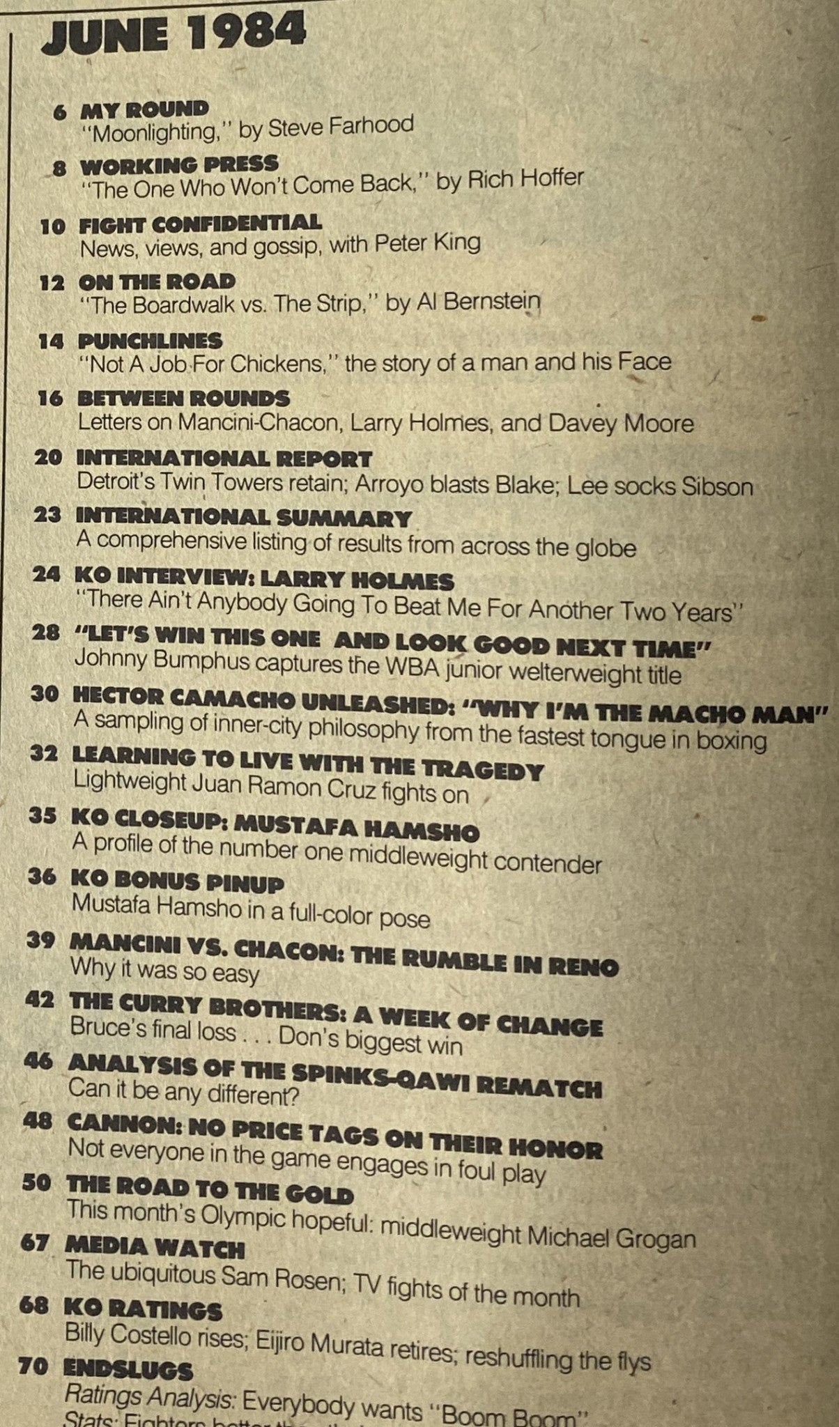 KO Boxing Magazine June 1984 contents page featuring highlights and article titles including 'My Round' by Steve Farhood and 'Fight Confidential' by Peter King, reflecting the boxing scene of the mid-1980s.