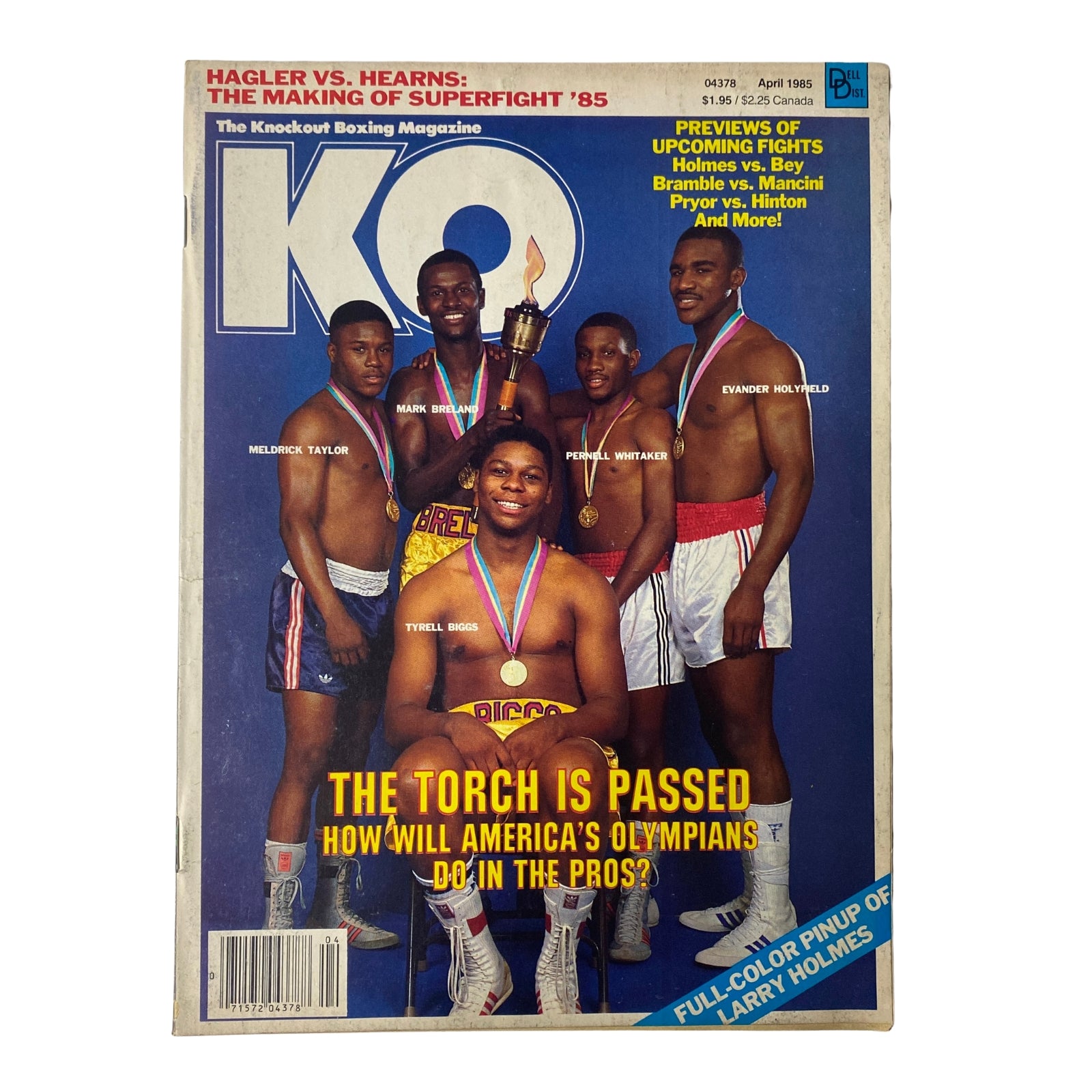 KO Boxing Magazine April 1985 featuring Evander Holyfield and Tyrell Biggs on the cover, showcasing Olympic stars and the anticipation of Hagler vs. Hearns fight.