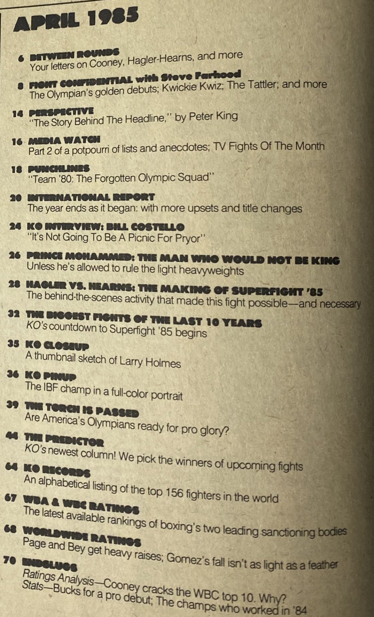 Contents page of KO Boxing Magazine April 1985, detailing highlights and articles including coverage of Olympic fighters and upcoming boxing events.