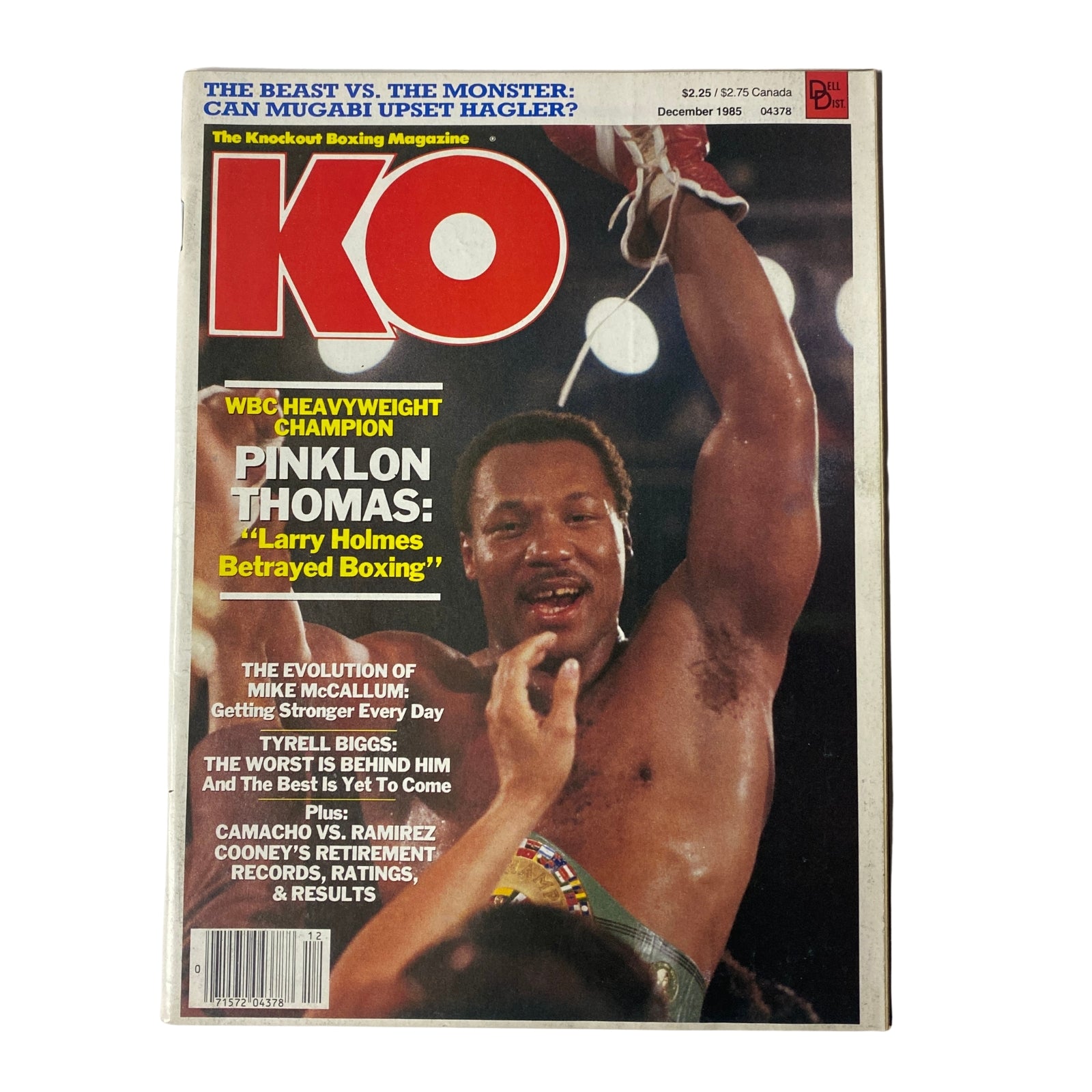 KO Boxing Magazine December 1985 featuring Pinklon Thomas on the cover, highlighting his views on boxing and the heavyweight division.