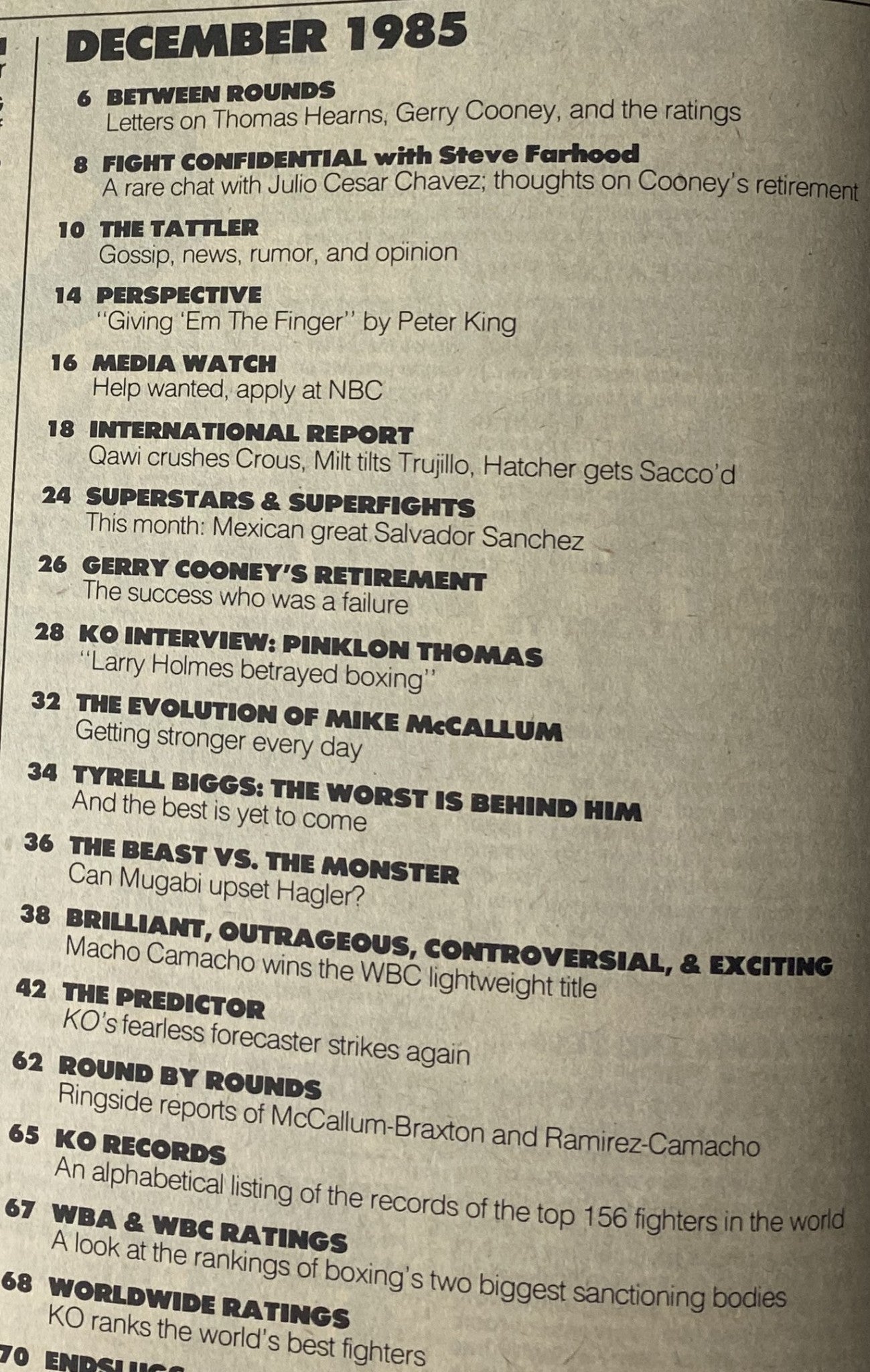 Contents page of KO Boxing Magazine December 1985, listing features including Pinklon Thomas's interview and articles on various boxing legends.