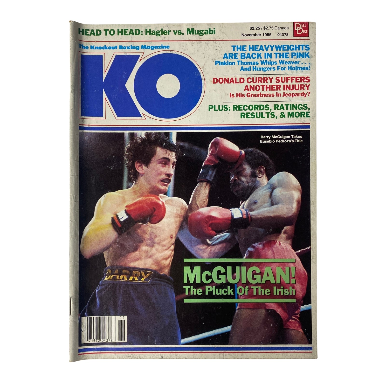 KO Boxing Magazine November 1985 featuring Barry McGuigan on the cover, highlighting his victory over Eusebio Pedroza for the Featherweight title, in very good condition with no label.