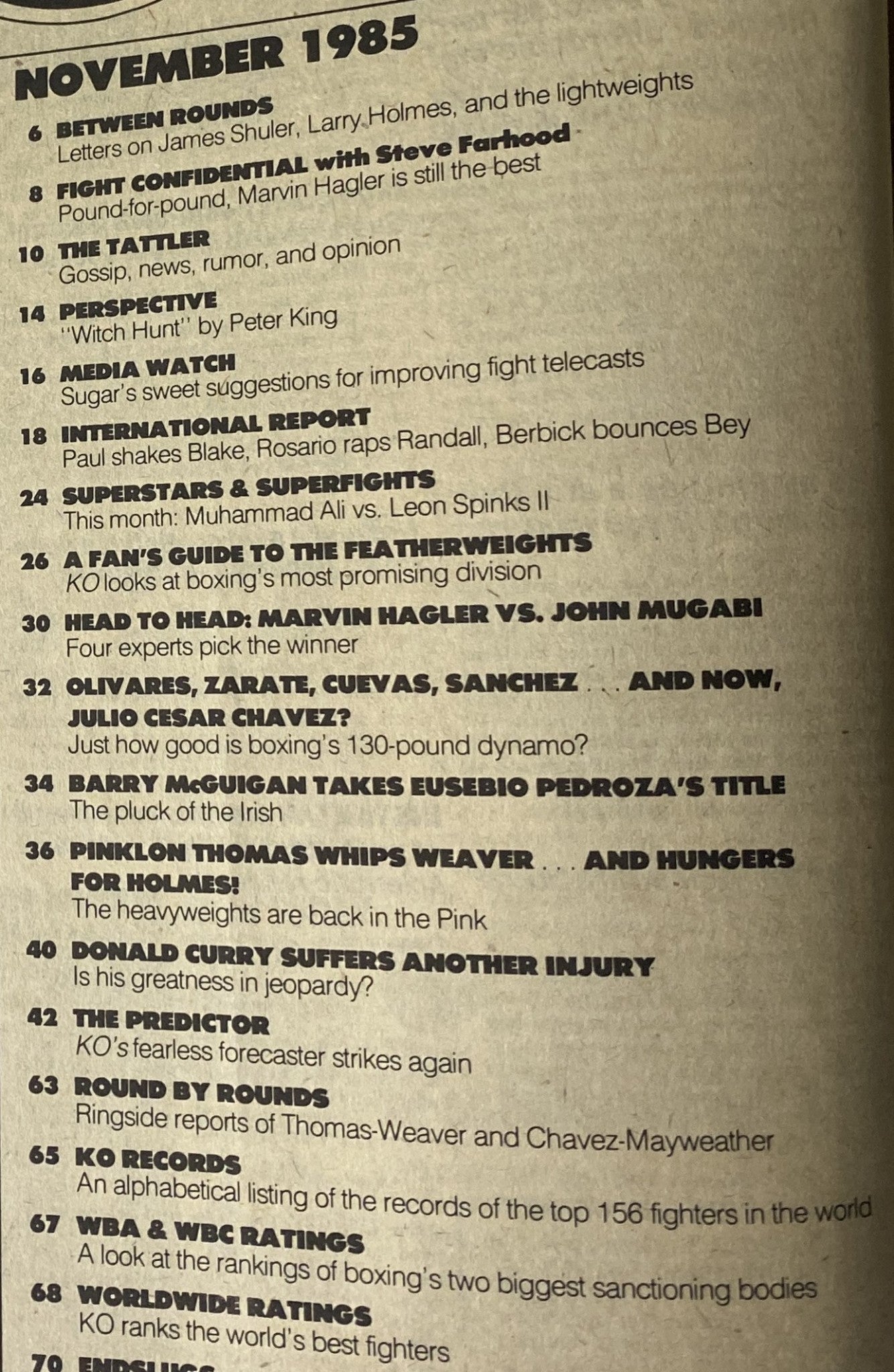Contents page of KO Boxing Magazine November 1985, detailing articles on Barry McGuigan, Hagler vs. Mugabi, and various boxing highlights from that month.