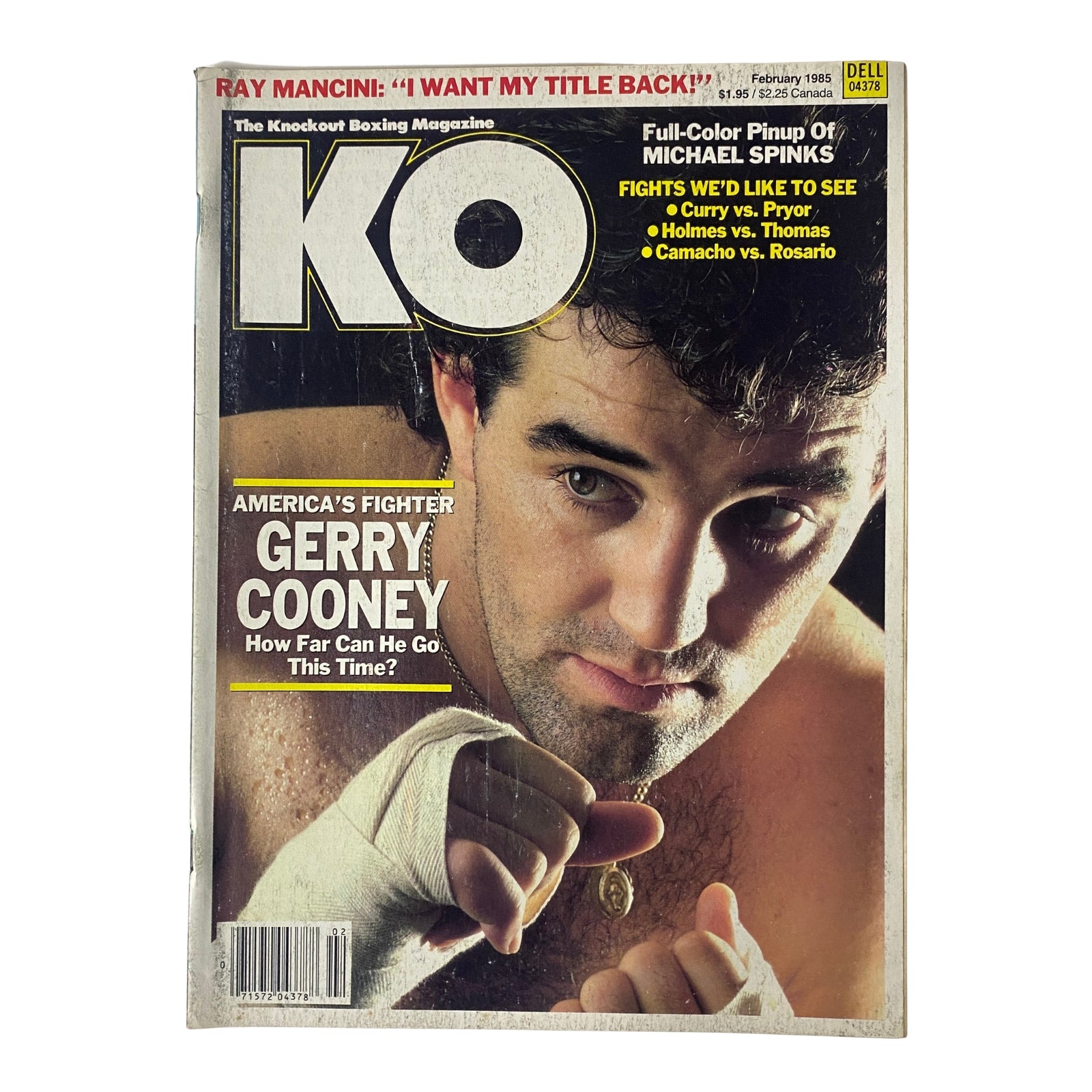 KO Boxing Magazine February 1985 featuring Gerry Cooney on the cover. The magazine showcases boxing highlights and interviews from the mid-1980s, including coverage of Ray Mancini and Michael Spinks, emphasizing Cooney's return to the heavyweight spotlight.