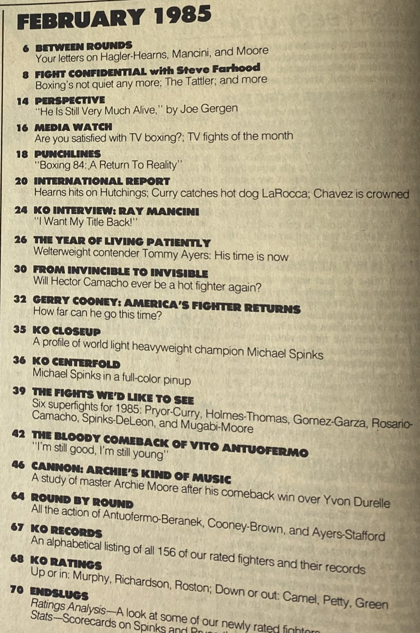 Table of contents from KO Boxing Magazine February 1985, featuring articles on fighters including Gerry Cooney, Ray Mancini, and Michael Spinks, highlighting the boxing events and issues of that era.