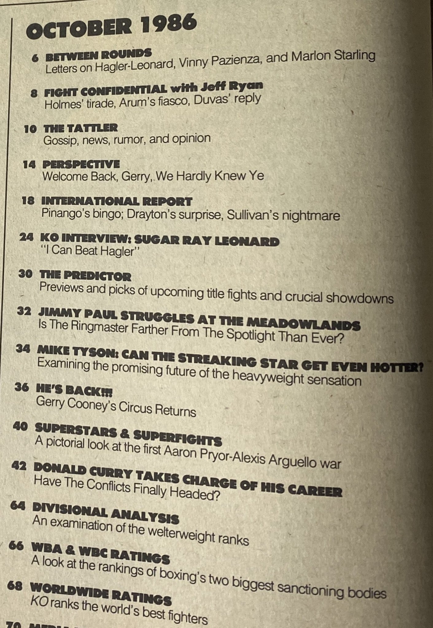 Contents page of KO Boxing Magazine October 1986, showcasing articles including 'They’re Back!!!' on Gerry Cooney's return, fight confidential reports, and boxers' analyses.