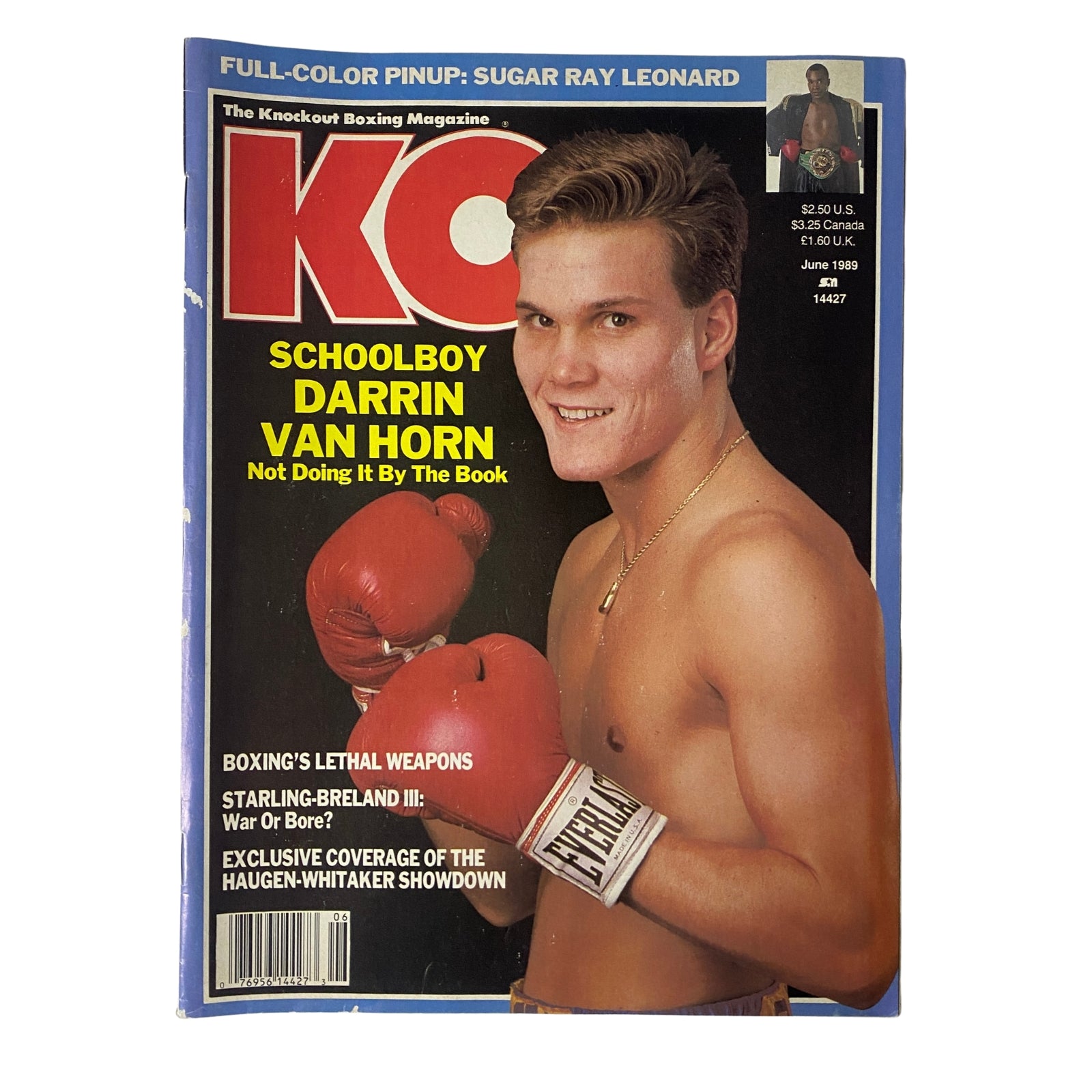 KO Boxing Magazine June 1989 featuring Darrin Van Horn on the cover. The cover highlights Darrin Van Horn's boxing career with a focus on his upbringing and achievements, showcasing him in boxing gloves.
