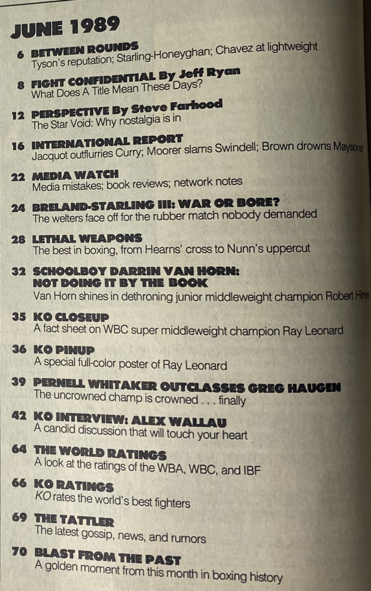 Contents page of KO Boxing Magazine June 1989. It outlines various articles including 'Between Rounds', 'Fight Confidential', and highlights on Darrin Van Horn's victory, with notable mention of prominent boxers of the era.