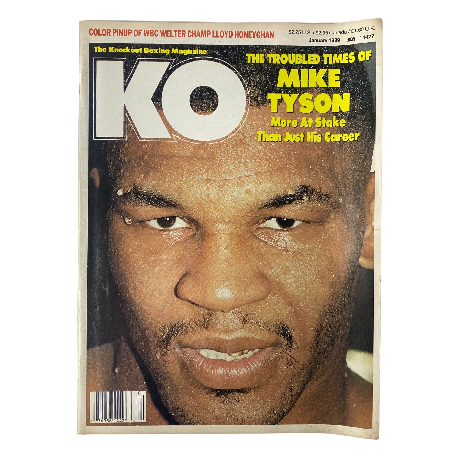KO Boxing Magazine January 1989 featuring Mike Tyson on the cover, showcasing an article titled 'The Troubled Times of Mike Tyson'. The cover highlights Tyson's career challenges and features bold graphics.