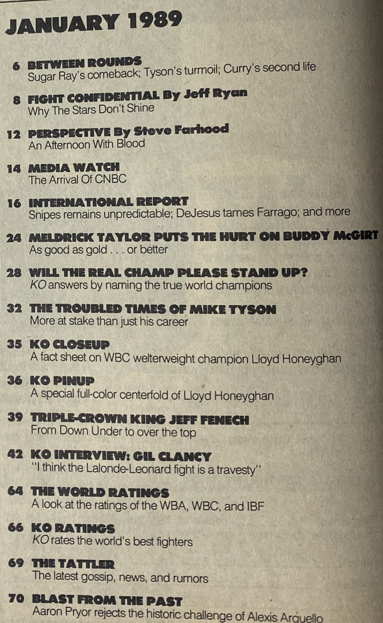 Contents page of KO Boxing Magazine January 1989, outlining articles including 'Between Rounds' and 'Fight Confidential', highlighting Mike Tyson's struggles, the rise of Meldrick Taylor, and more.
