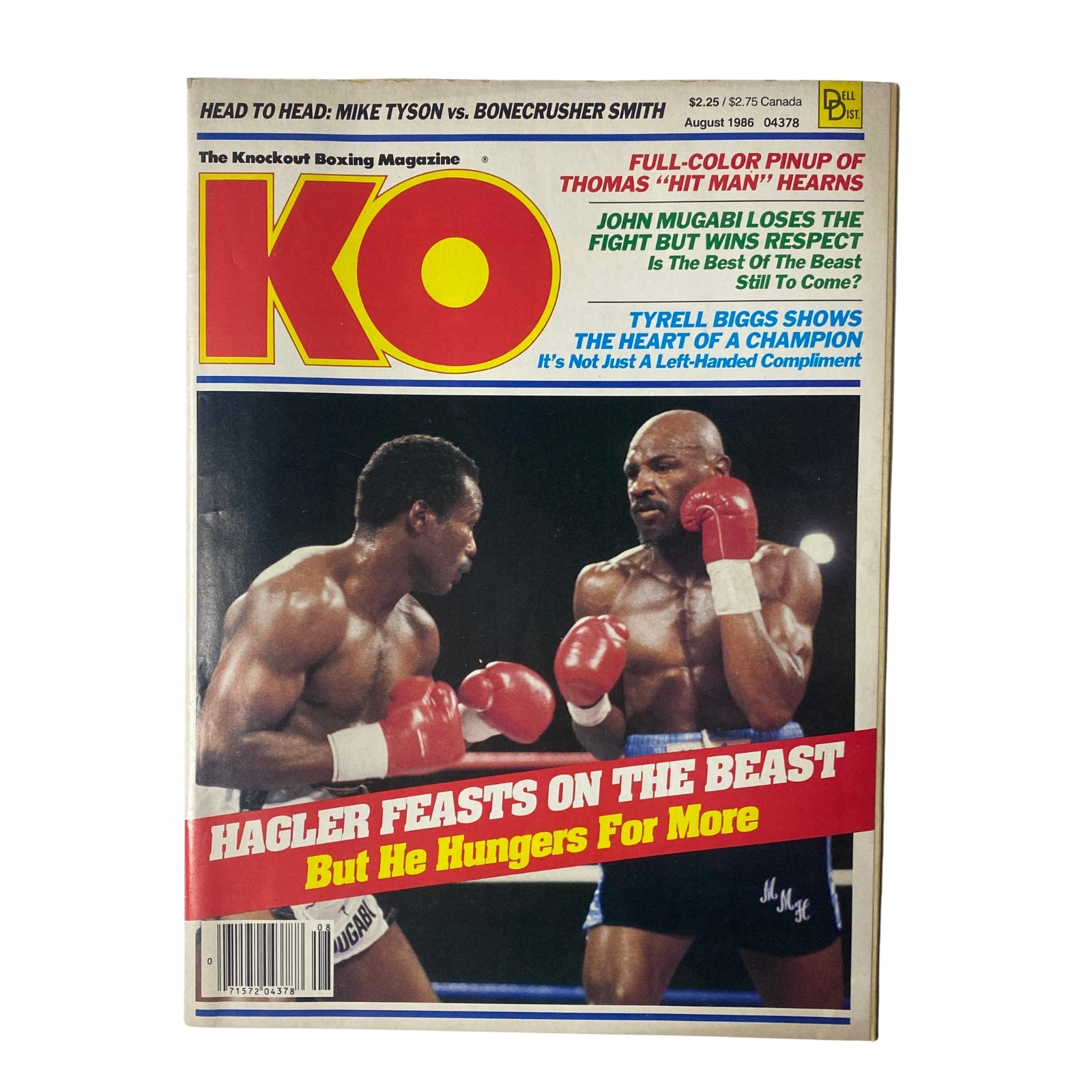 KO Boxing Magazine August 1986 featuring Marvin Hagler vs John Mugabi on the cover, showcasing Hagler's championship bout with the caption 'HAGLER FEASTS ON THE BEAST But He Hungers For More.'