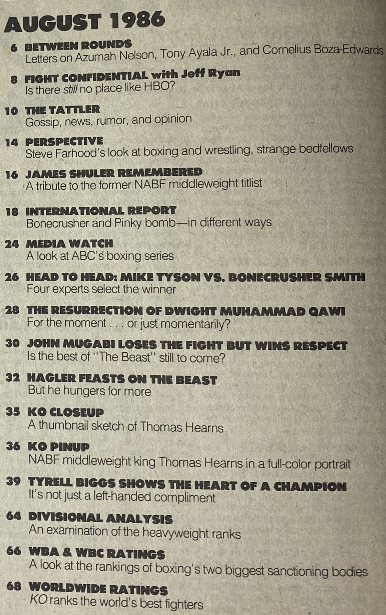Inside cover page of KO Boxing Magazine, August 1986, featuring highlights from the issue including letters to the editor on Azumah Nelson and Tony Ayala Jr., as well as a segment titled 'Fight Confidential' with Jeff Ryan discussing HBO's boxing coverage. The magazine cover prominently displays Marvin Hagler vs. John Mugabi as a notable fight highlight.