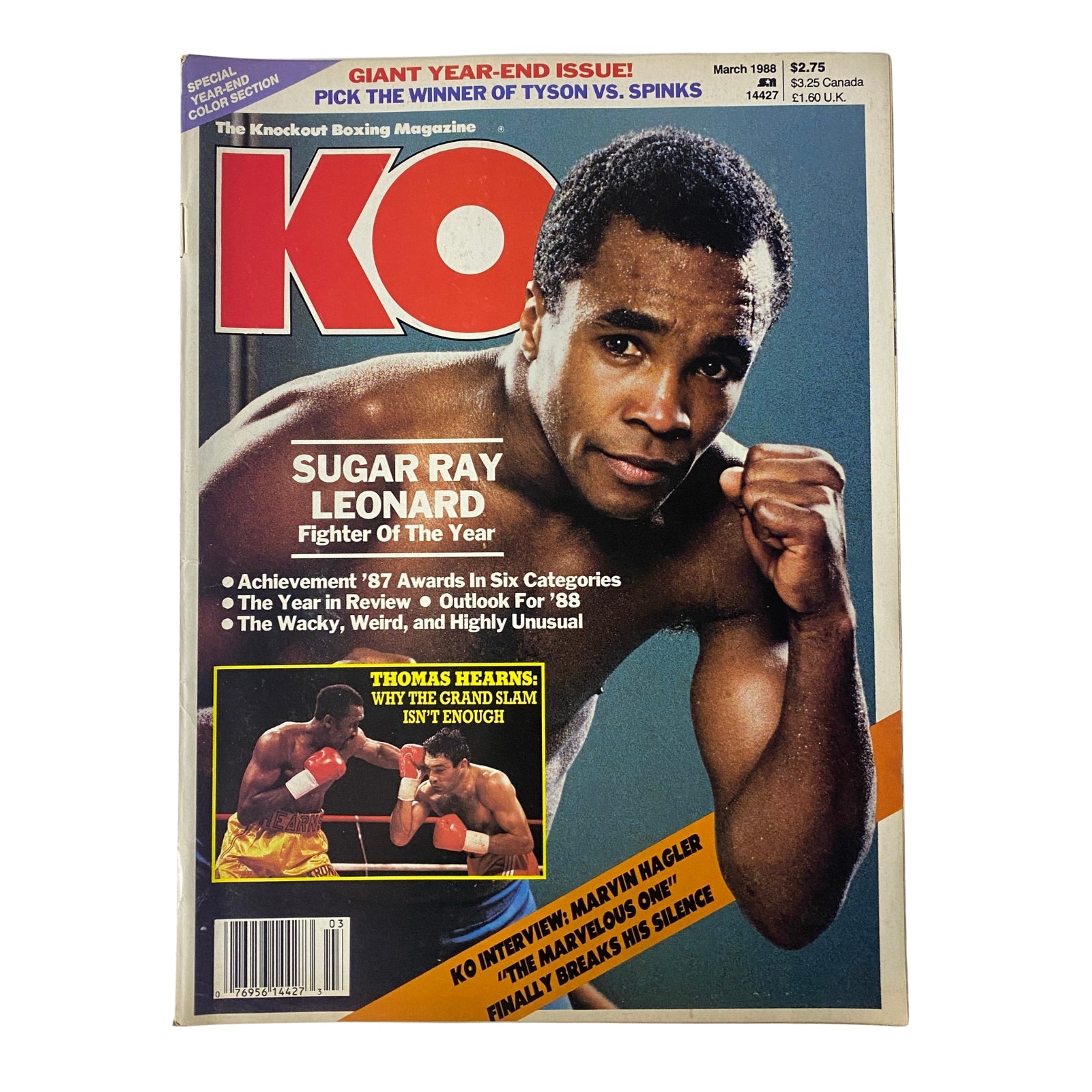KO Boxing Magazine March 1988 featuring Sugar Ray Leonard on the cover, highlighting his achievement as Fighter of the Year, in very good condition without a mailing label.