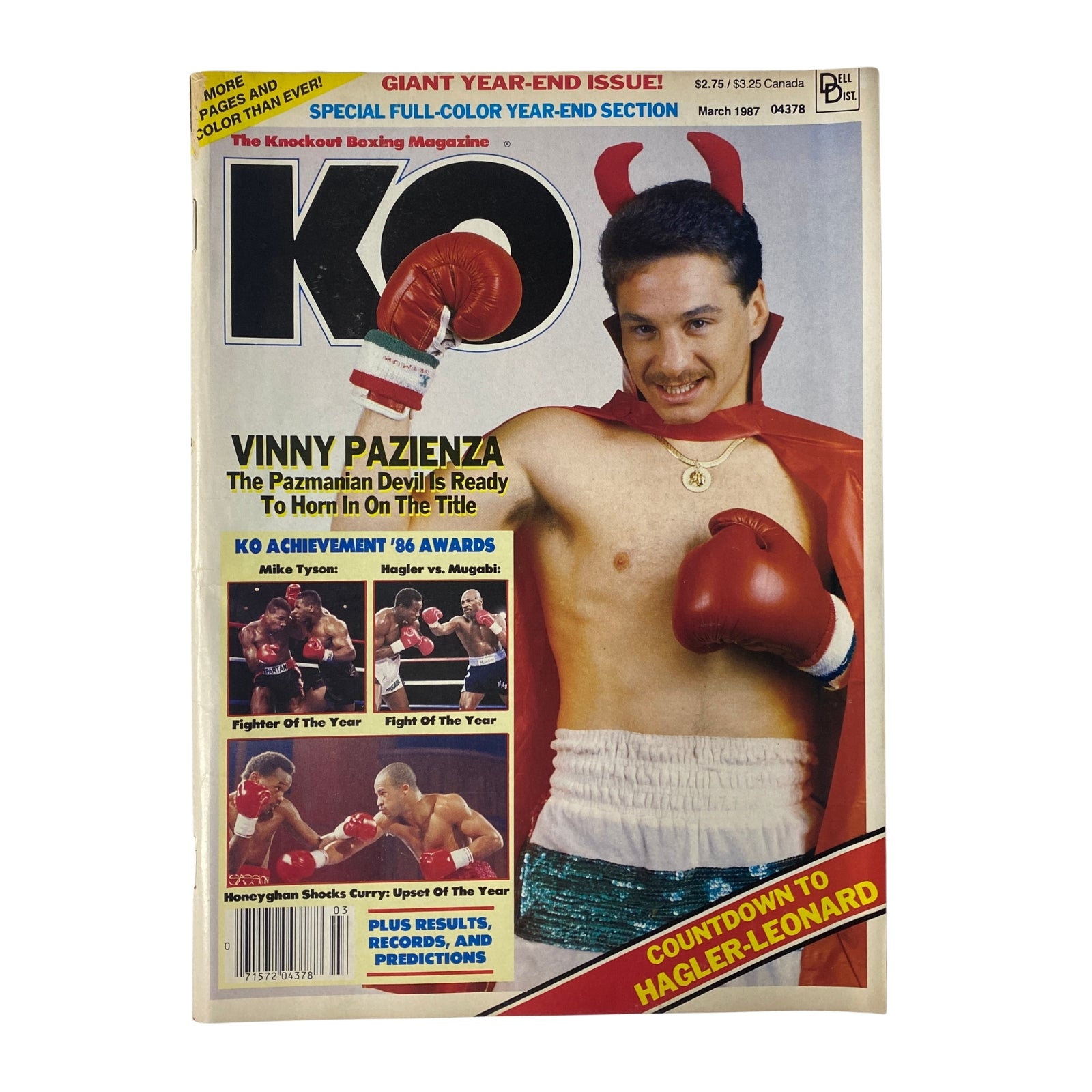 KO Boxing Magazine March 1987 featuring Vinny Pazienza on the cover, wearing boxing gloves and a red robe, promoting key content about the Hagler-Leonard superfight.