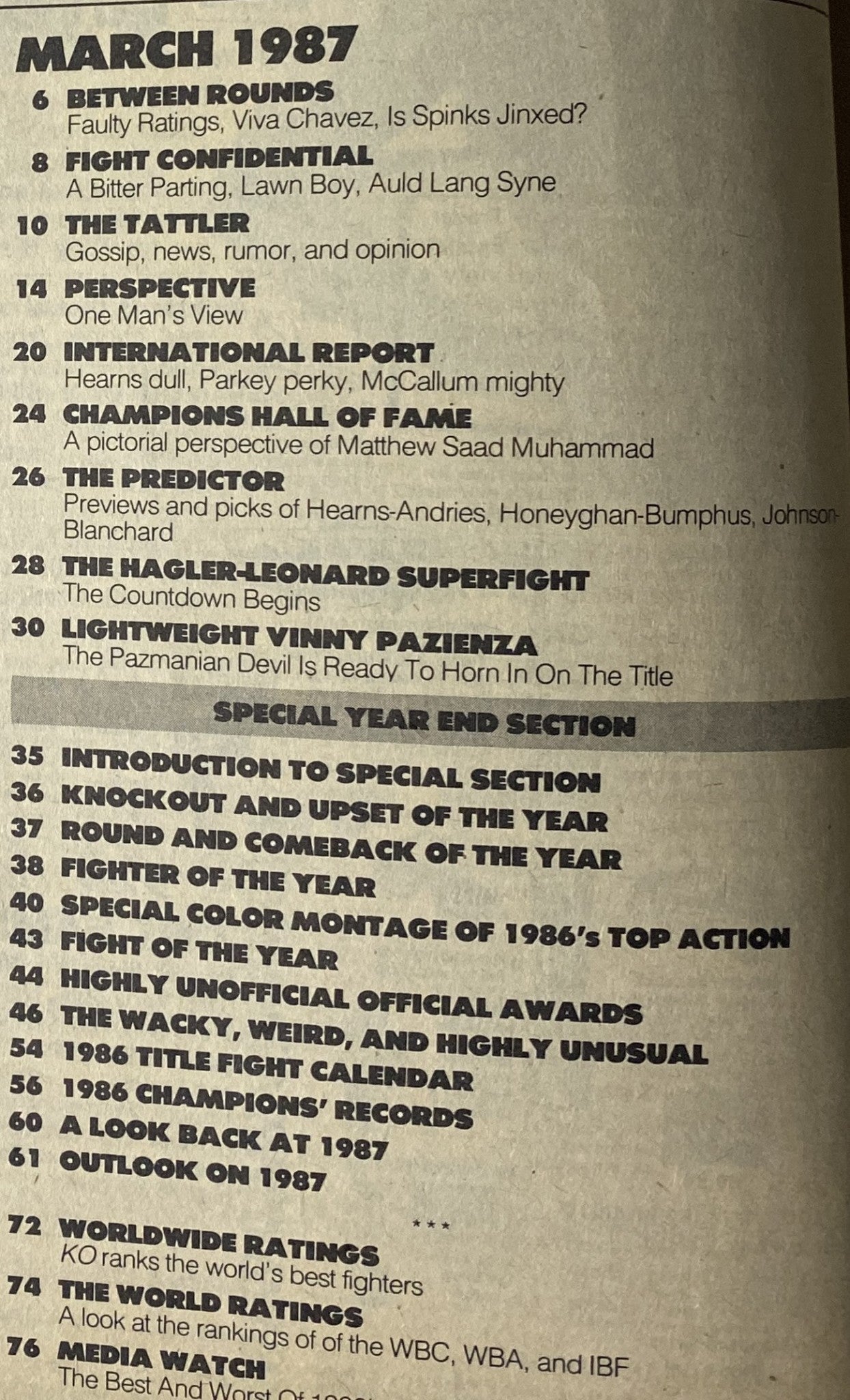 Inside page of KO Boxing Magazine March 1987 displaying articles including 'Between Rounds', 'Fight Confidential', and year-end boxing awards from 1986.