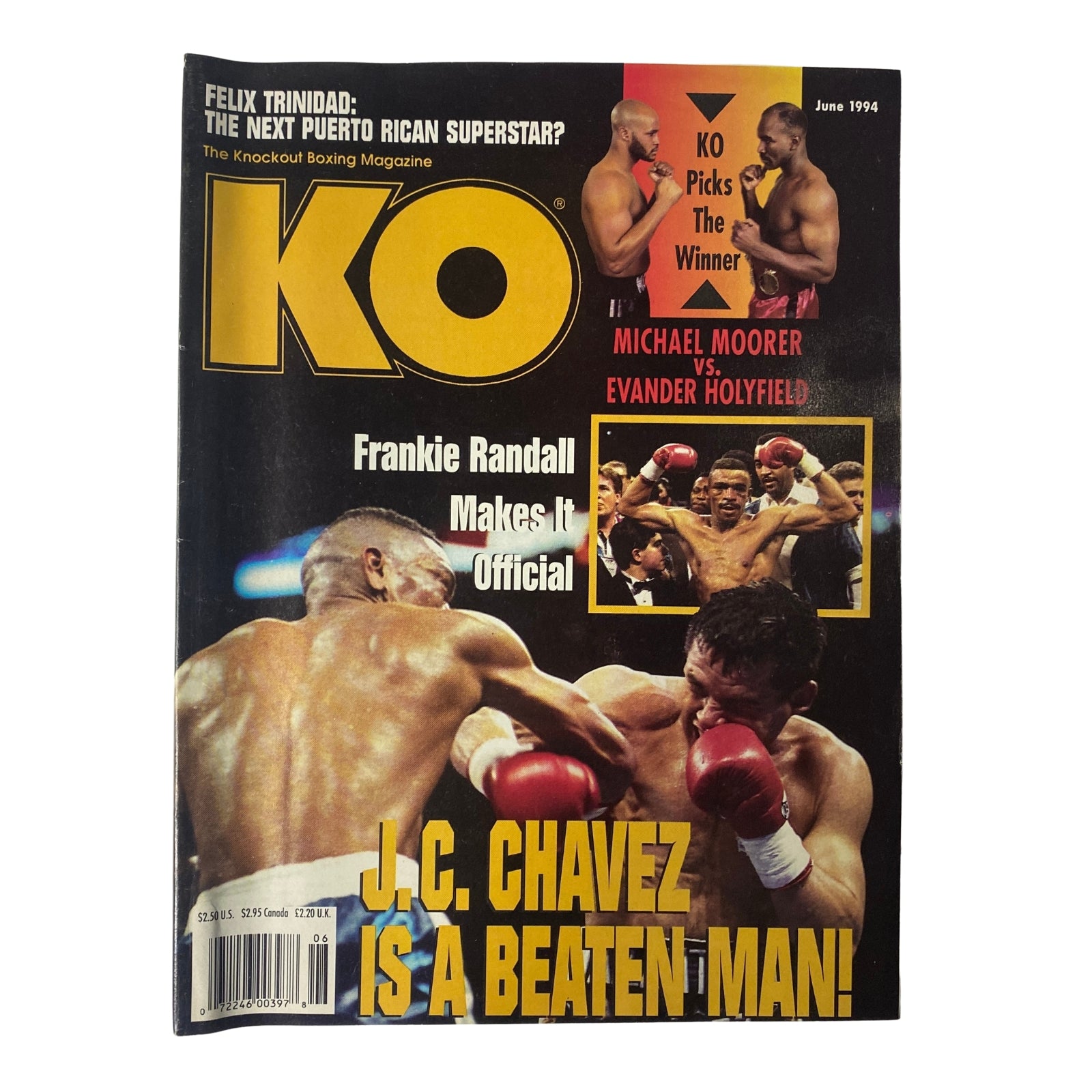 Cover of KO Boxing Magazine June 1994 featuring Frankie Randall and Julio César Chávez, with the headline 'J.C. Chávez is a Beaten Man!' showcasing a significant moment in boxing history.