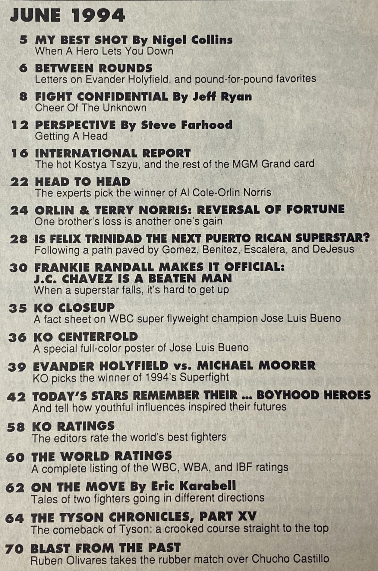 Contents page of KO Boxing Magazine June 1994 detailing articles such as 'My Best Shot' by Nigel Collins, 'Fight Confidential' by Jeff Ryan, and features on Frankie Randall and Félix Trinidad.