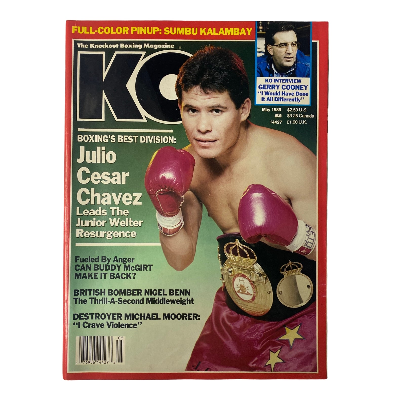 KO Boxing Magazine May 1989 featuring Julio Cesar Chavez on the cover, showcasing his role in leading the junior welter resurgence. The magazine highlights boxing's best division, with a full-color pinup of Sumbu Kalambay included.