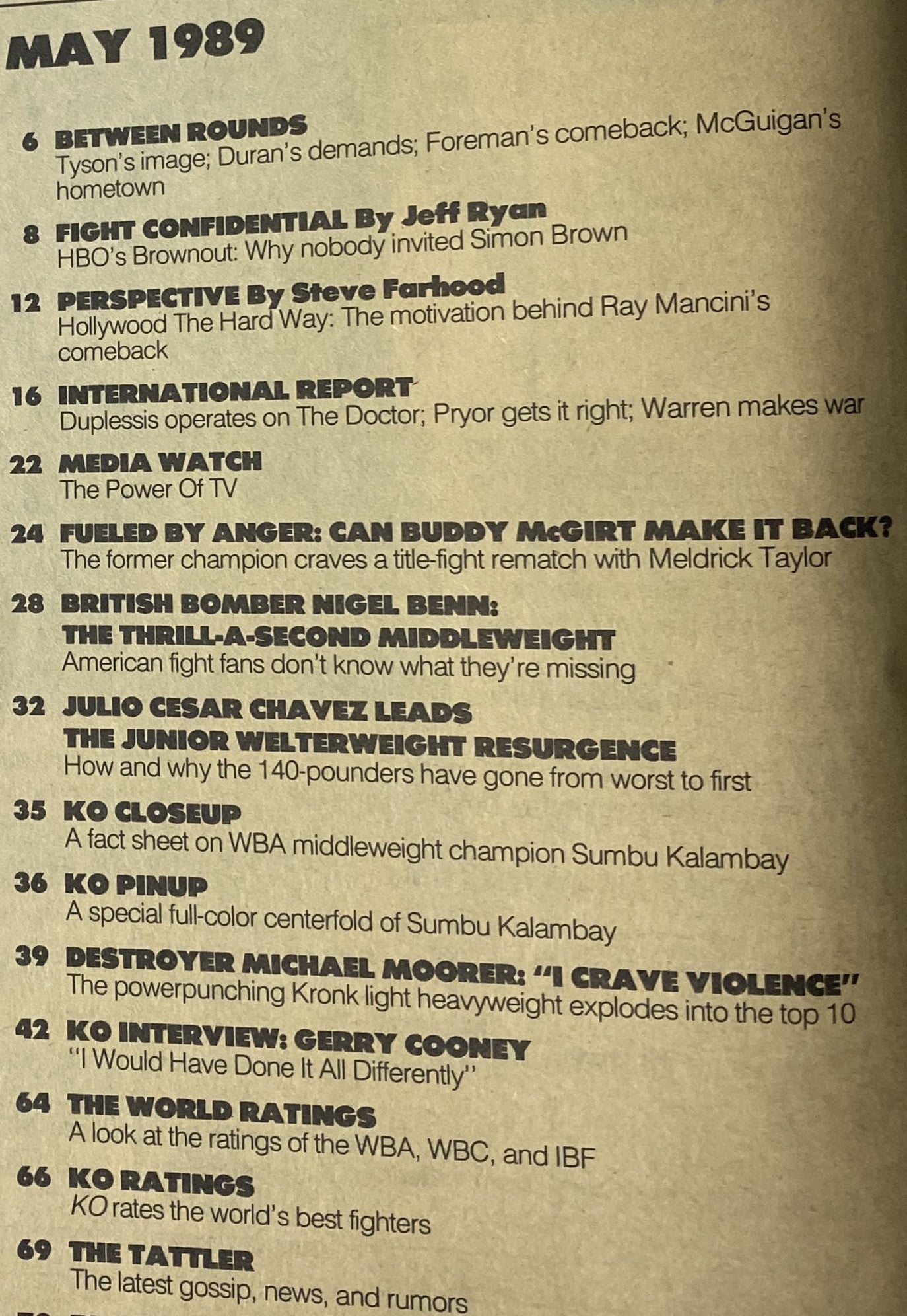 Table of contents for KO Boxing Magazine May 1989 featuring highlights such as 'Between Rounds,' 'Fight Confidential by Jeff Ryan,' and a feature on Julio César Chávez's junior welterweight resurgence.