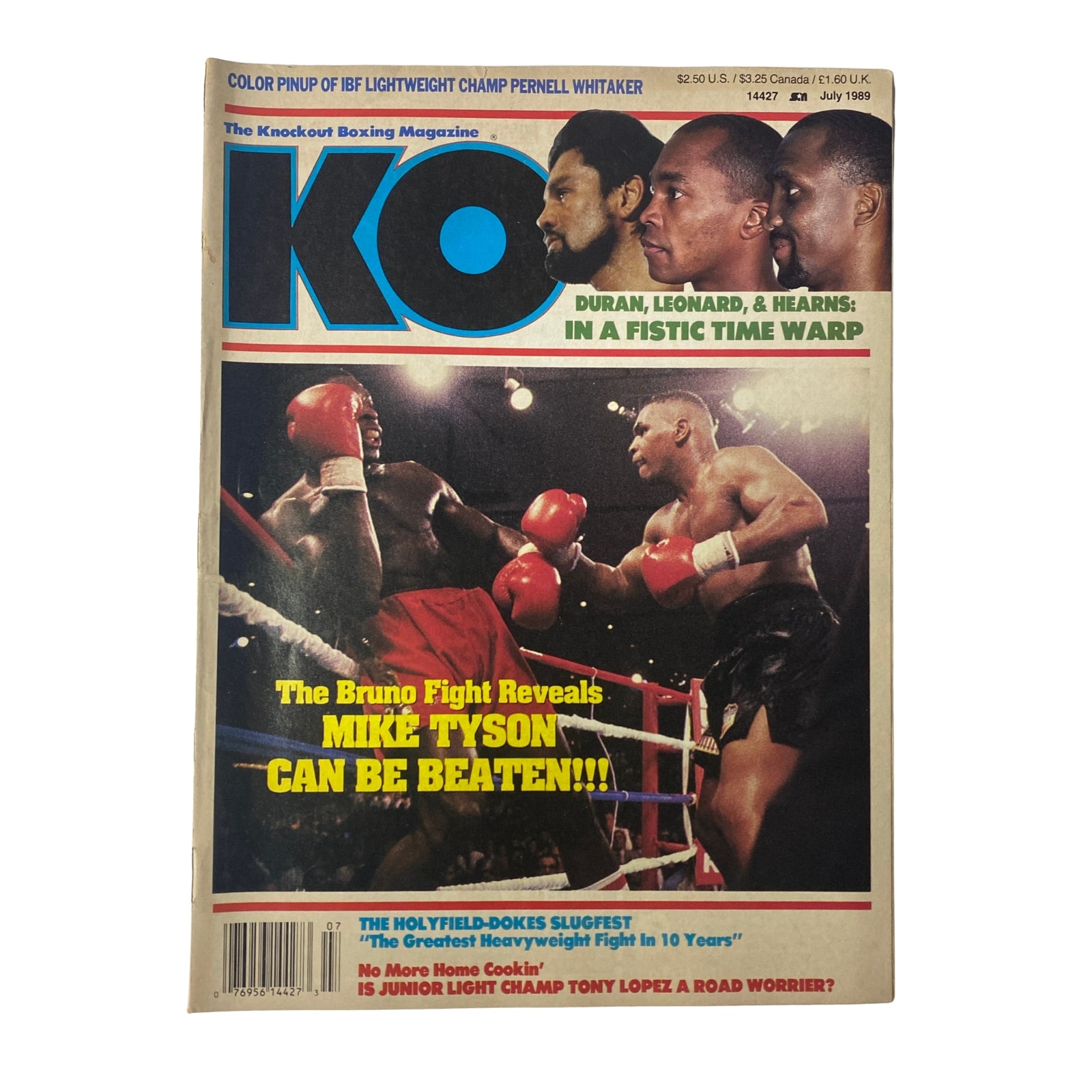 KO Boxing Magazine July 1989 cover featuring Mike Tyson and Frank Bruno, highlighting the announcement 'Mike Tyson CAN BE BEATEN!!' and showcasing iconic boxers Duran, Leonard, and Hearns. Very Good Condition, No Label.