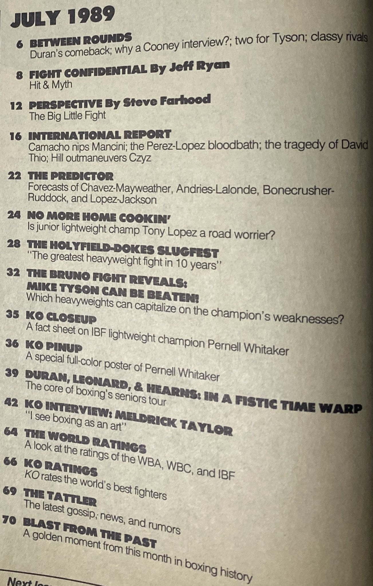 Contents page of KO Boxing Magazine July 1989, detailing articles on heavyweight boxing history, including features on Mike Tyson's vulnerabilities, the Holyfield-Dokes fight, and notable champions like Pernell Whitaker.