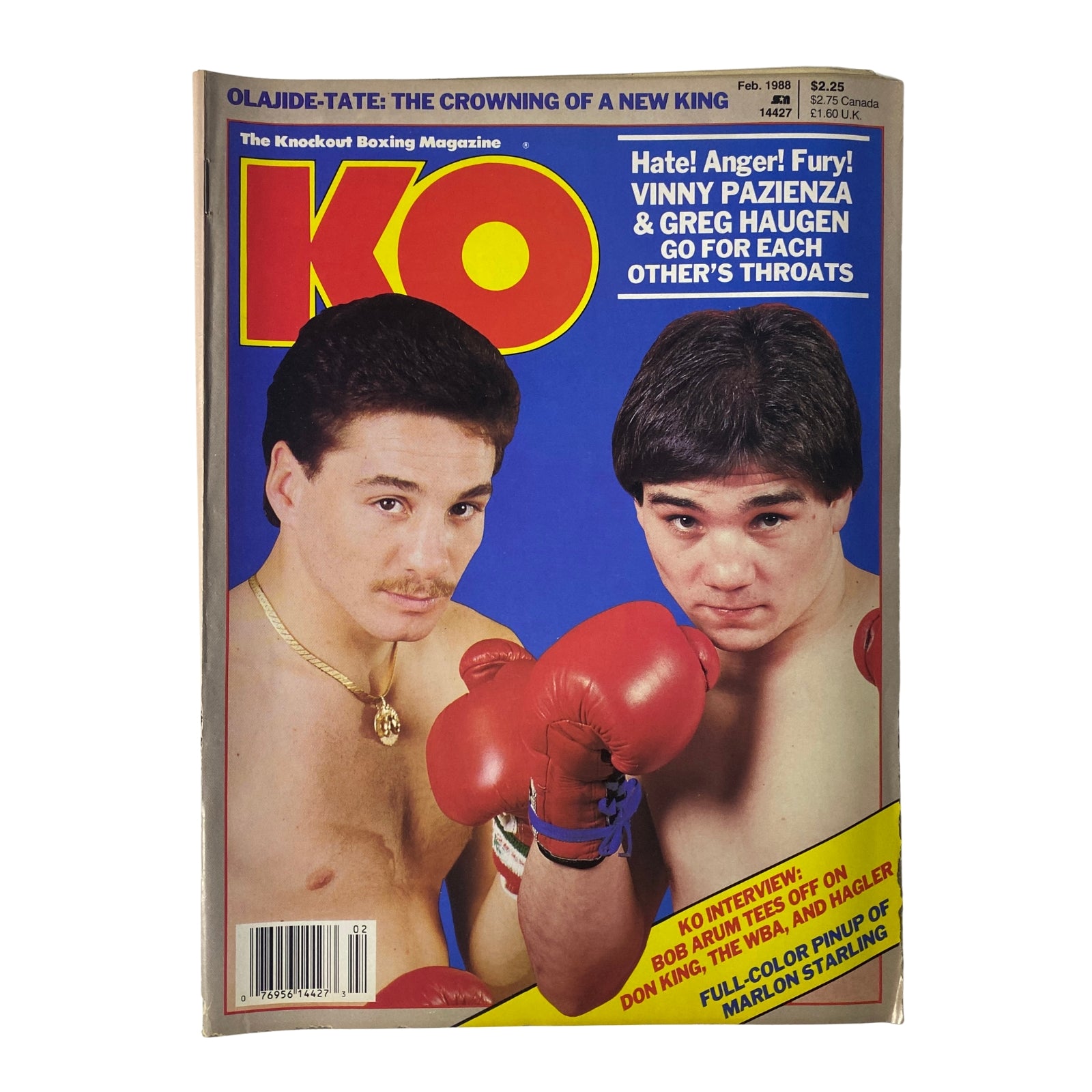 Cover of KO Boxing Magazine February 1988 featuring Vinny Pazienza and Greg Haugen, highlighting their rivalry with the headline: Hate! Anger! Fury!