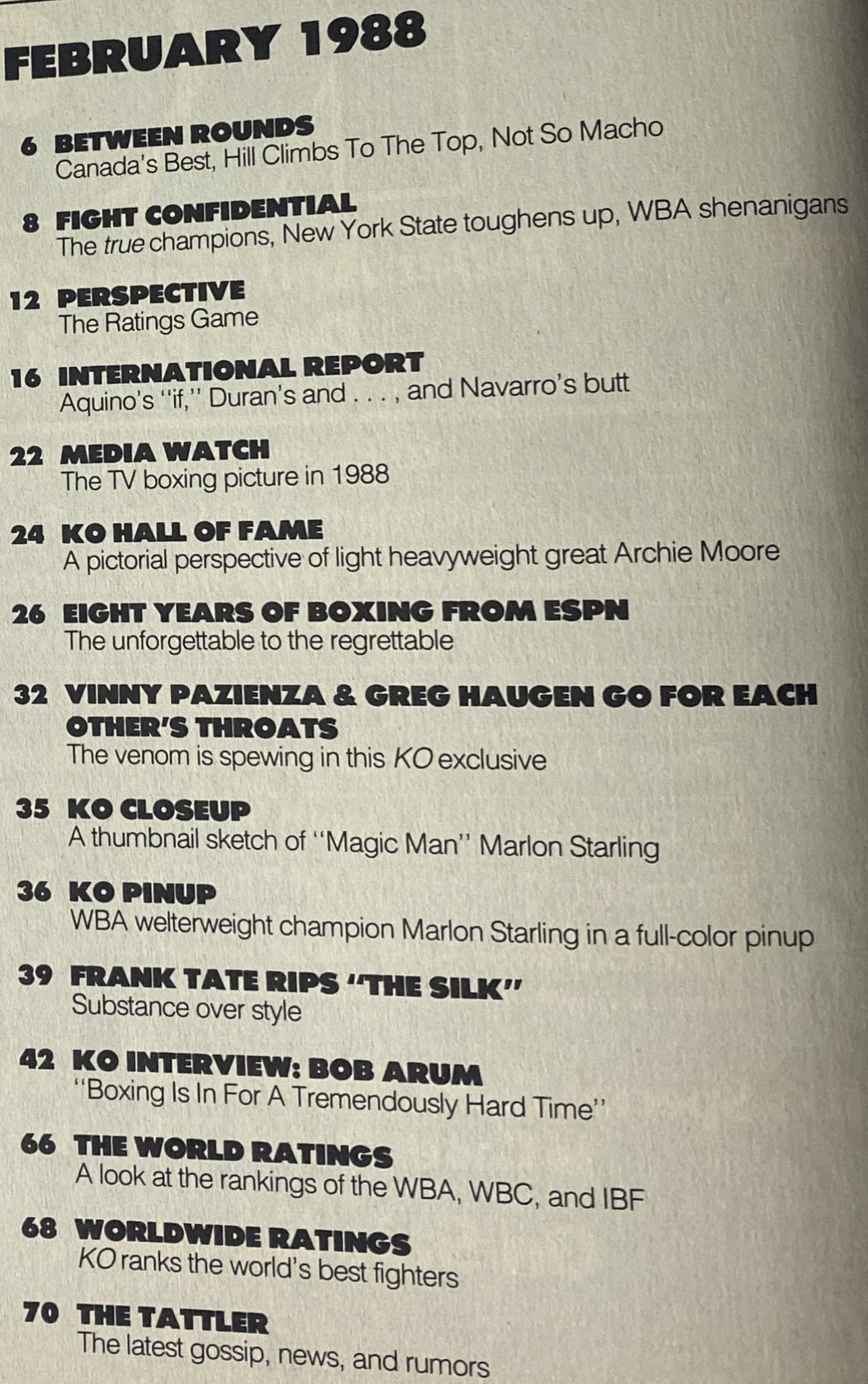 Table of contents for KO Boxing Magazine February 1988, listing articles including features on Vinny Pazienza vs. Greg Haugen, interviews, and fight analysis.