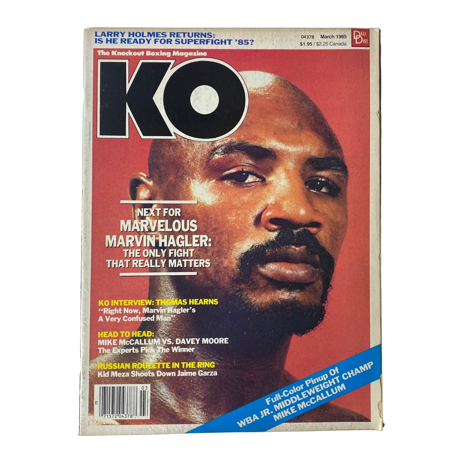 KO Boxing Magazine cover from March 1985 featuring Marvelous Marvin Hagler, highlighting an exclusive interview with Thomas Hearns and focusing on boxing's greatest middleweight clashes.